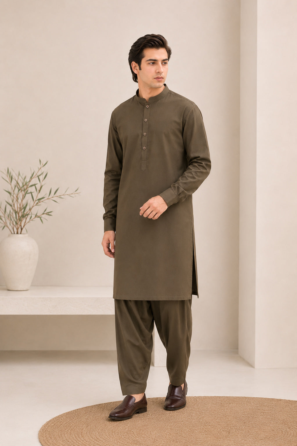 Olive Green Kurta Trouser/Shalwar - Men - Men