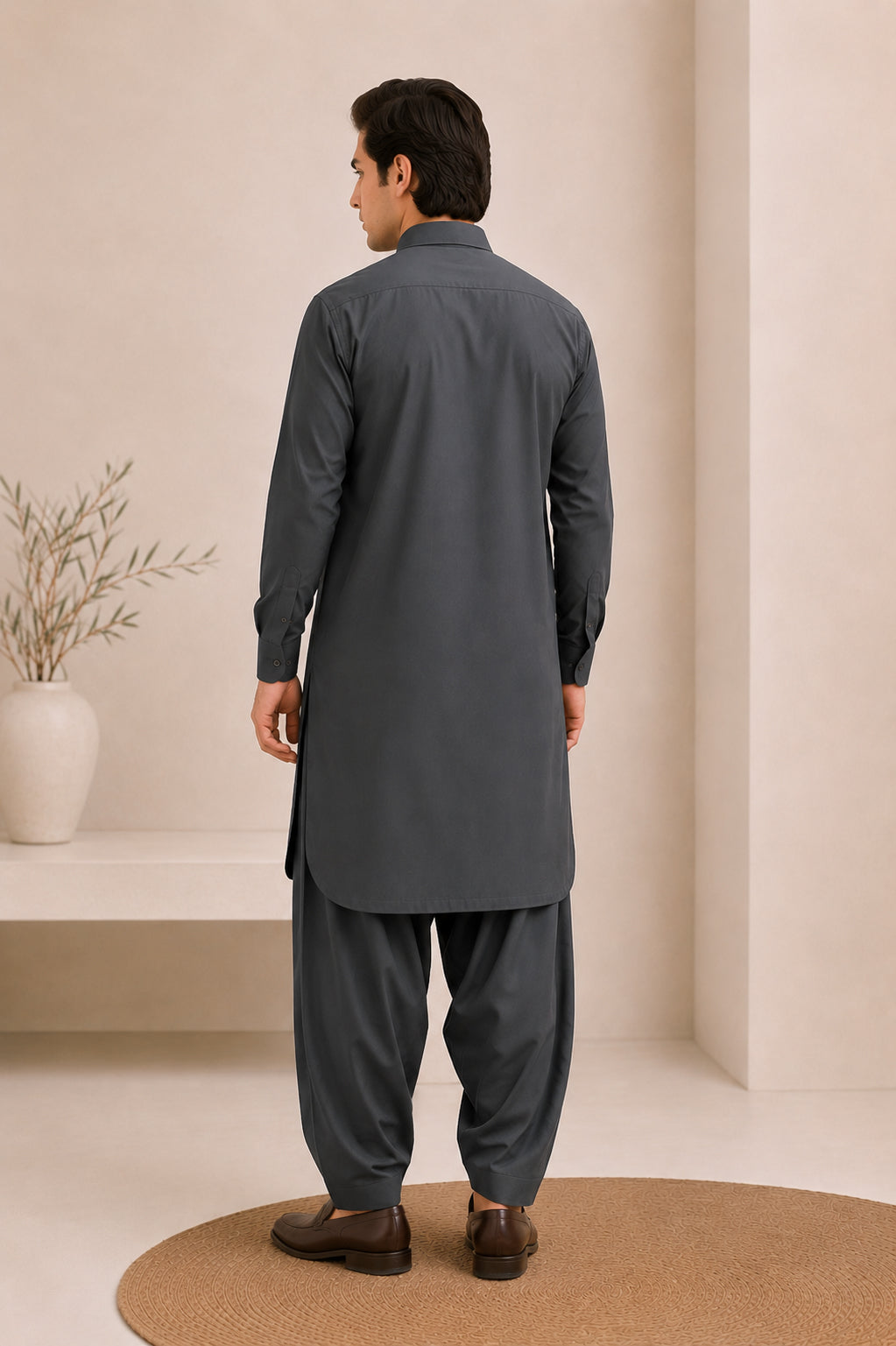 Charcoal Grey French Collar Kameez Shalwar - Men - Men