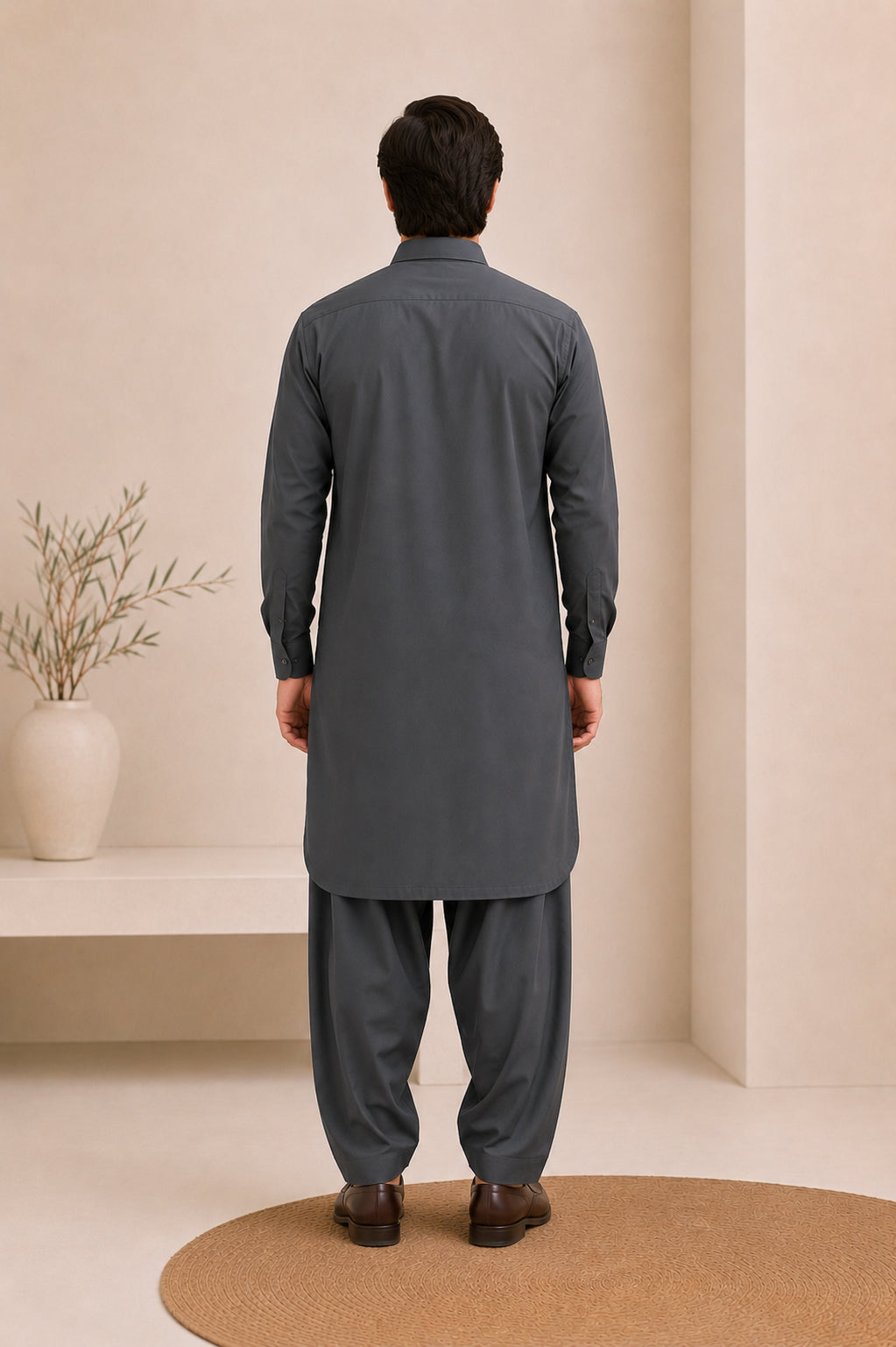 Charcoal Grey French Collar Kameez Shalwar - Men - Men