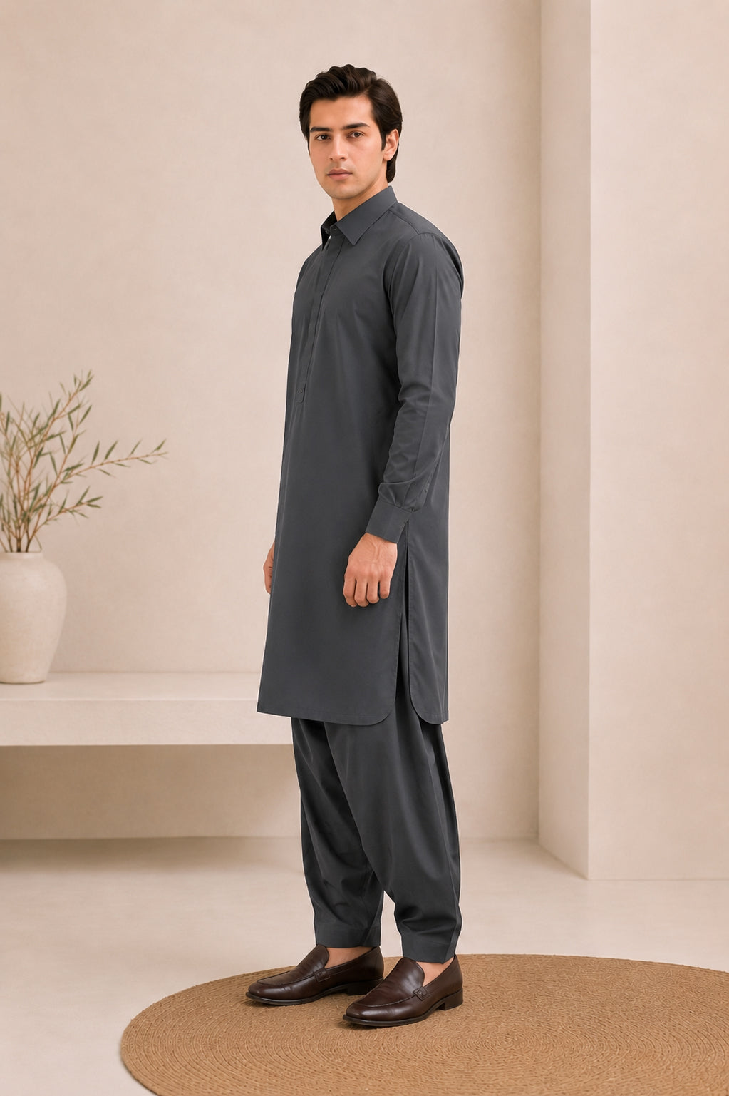 Charcoal Grey French Collar Kameez Shalwar - Men - Men