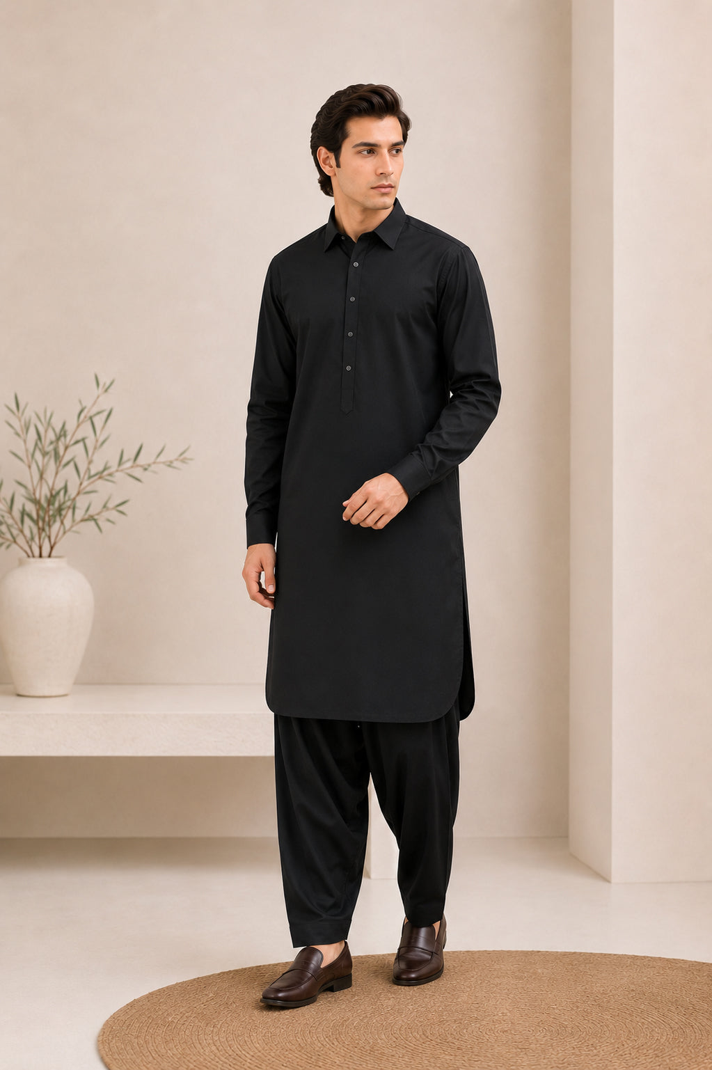 Black French Collar Kameez Shalwar - Men - Men