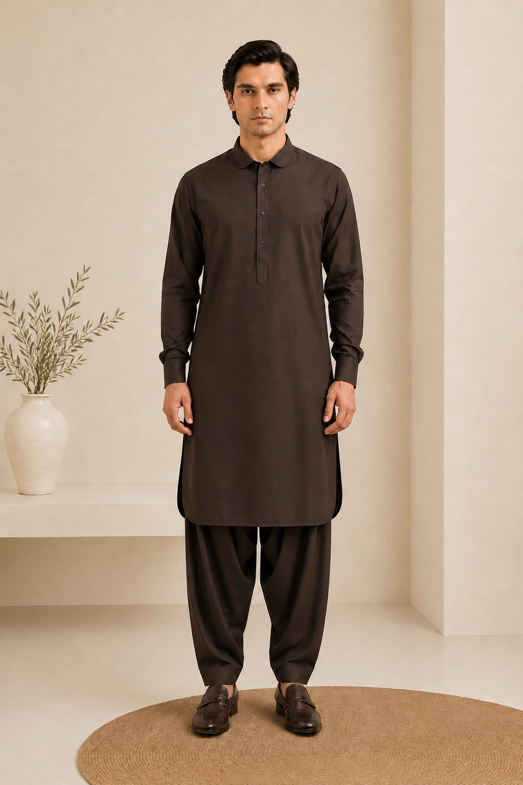 Dark Brown French Collar Kameez Shalwar - Men - Men