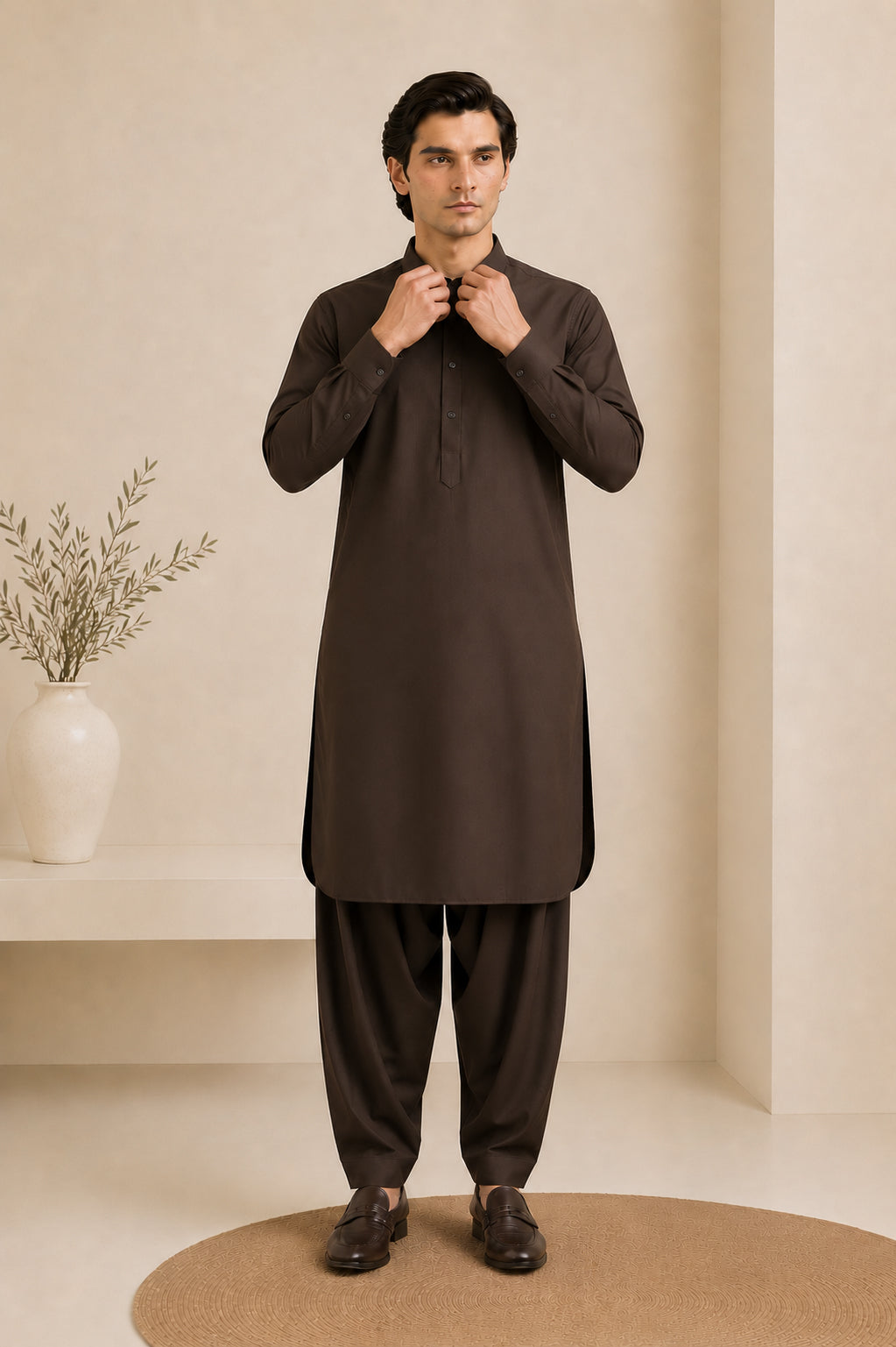Dark Brown French Collar Kameez Shalwar - Men - Men
