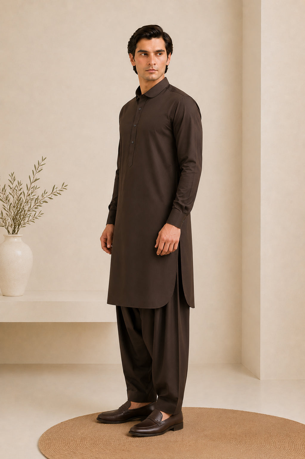 Dark Brown French Collar Kameez Shalwar - Men - Men