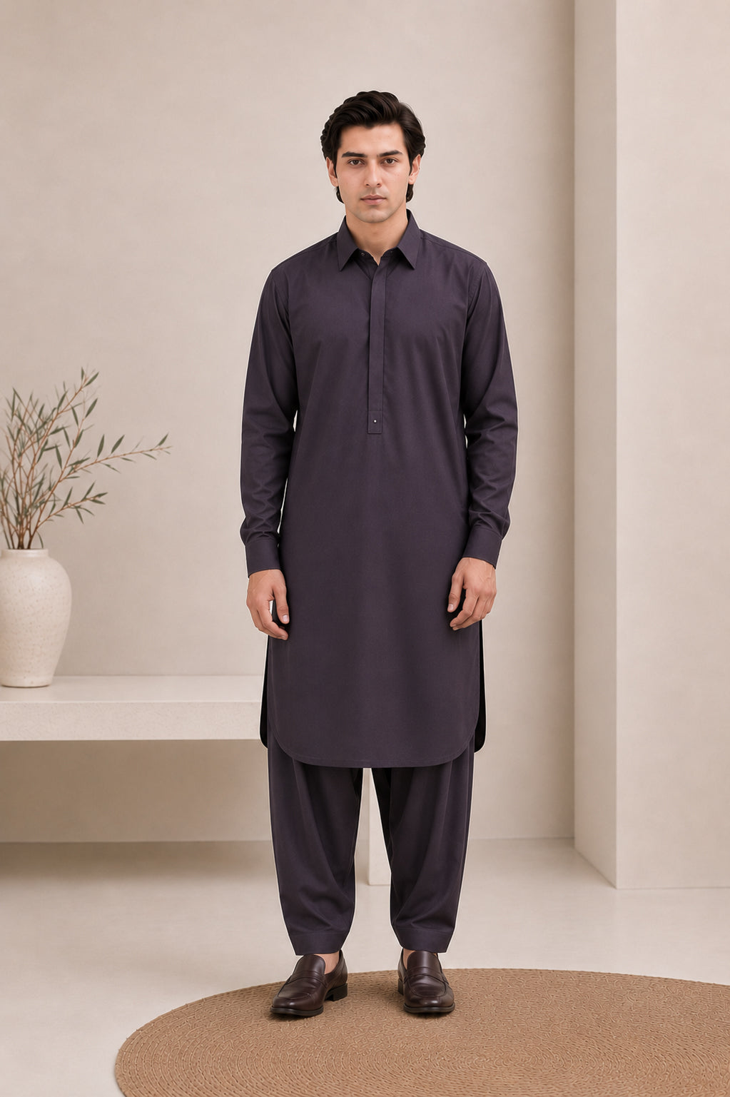 Deep Purple French Collar Kameez Shalwar - Men - Men