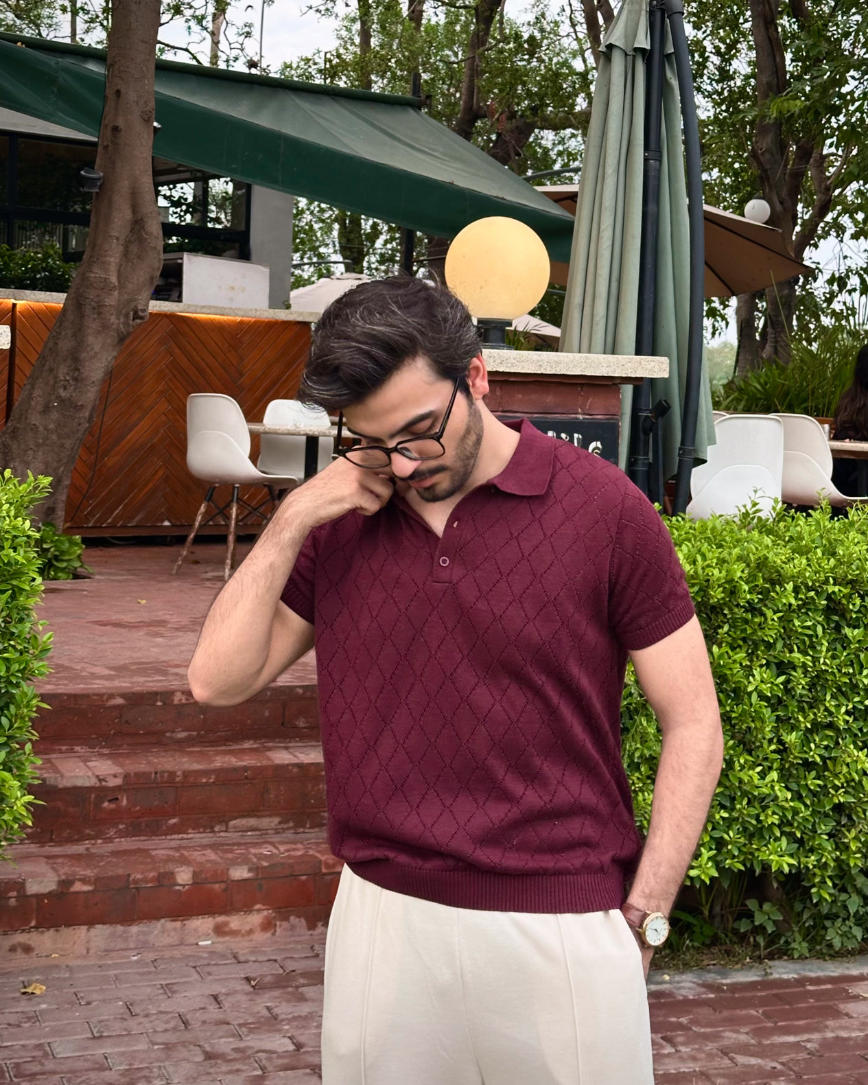 Deep Burgundy Crocheted Diamond Knitted Polo - Men