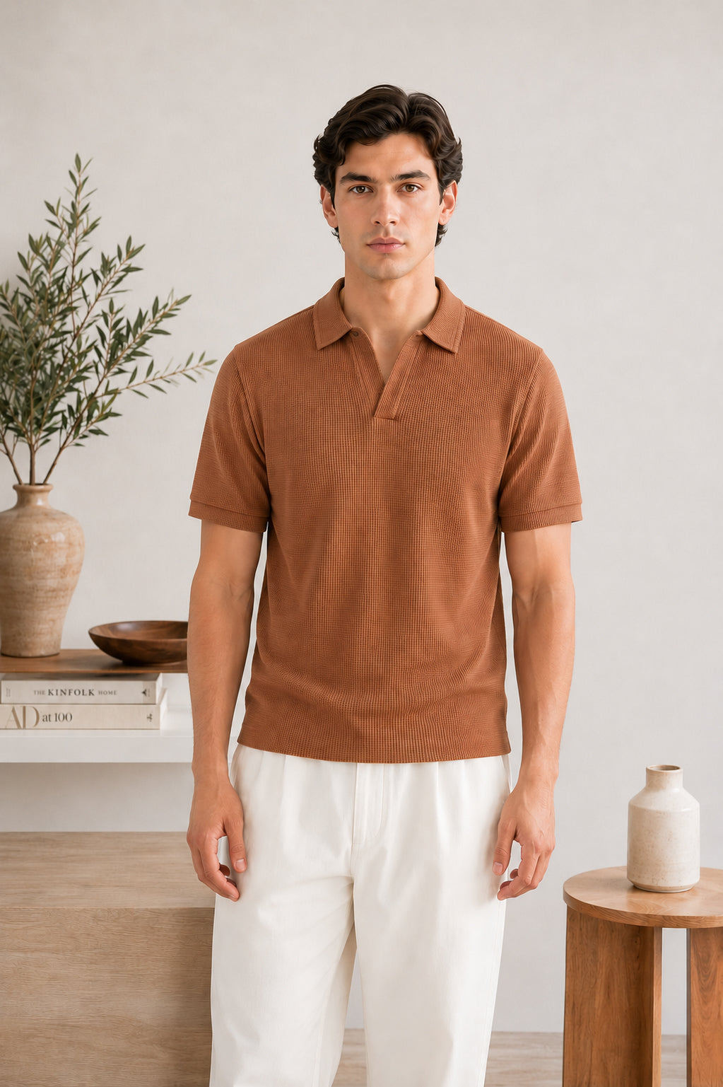 Camel Waffle Johhny Resort Collar Polo - Men