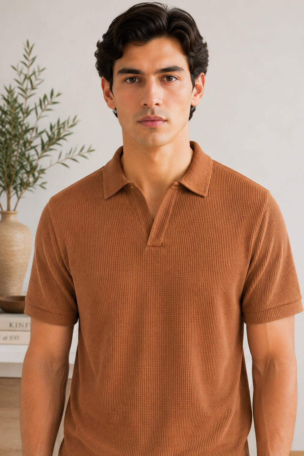 Camel Waffle Johhny Resort Collar Polo - Men