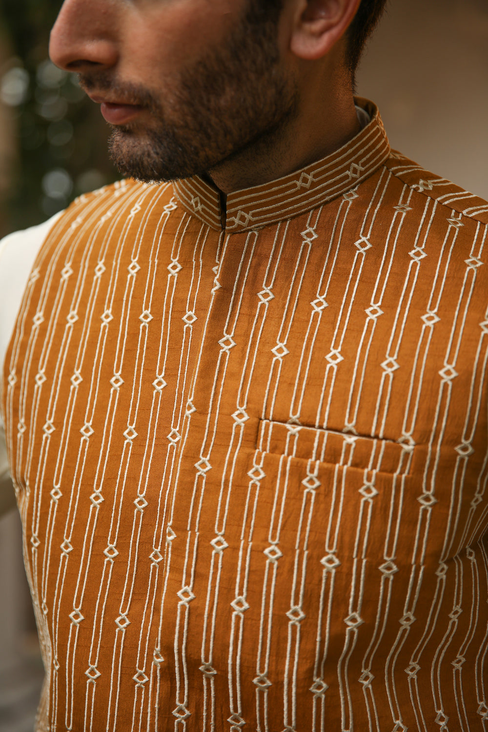 Off White Kurta Trouser with Apricot Embroidered Waistcoat - Men