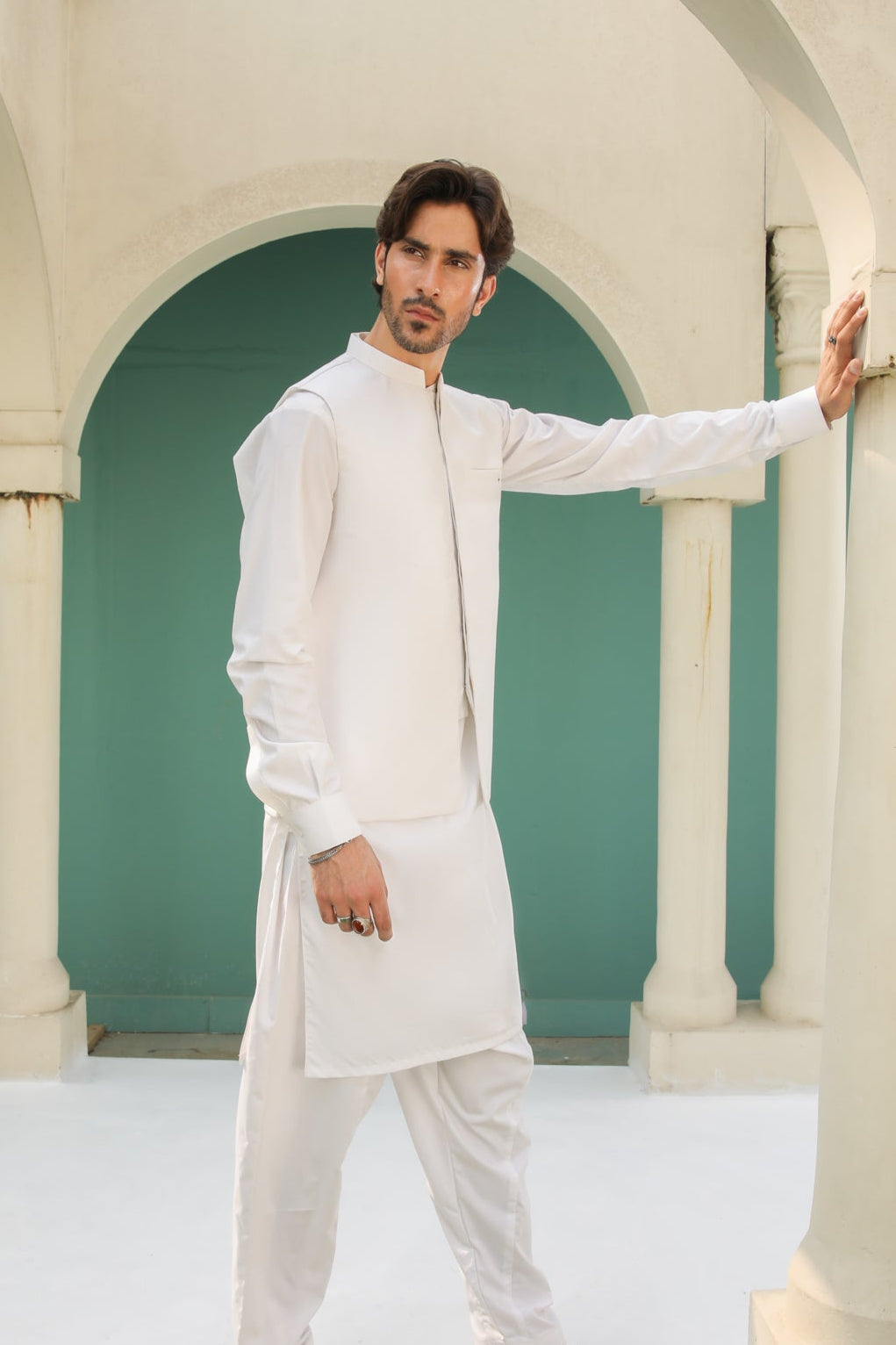 Off White Kameez Shalwar with Blended Waistcoat - Men