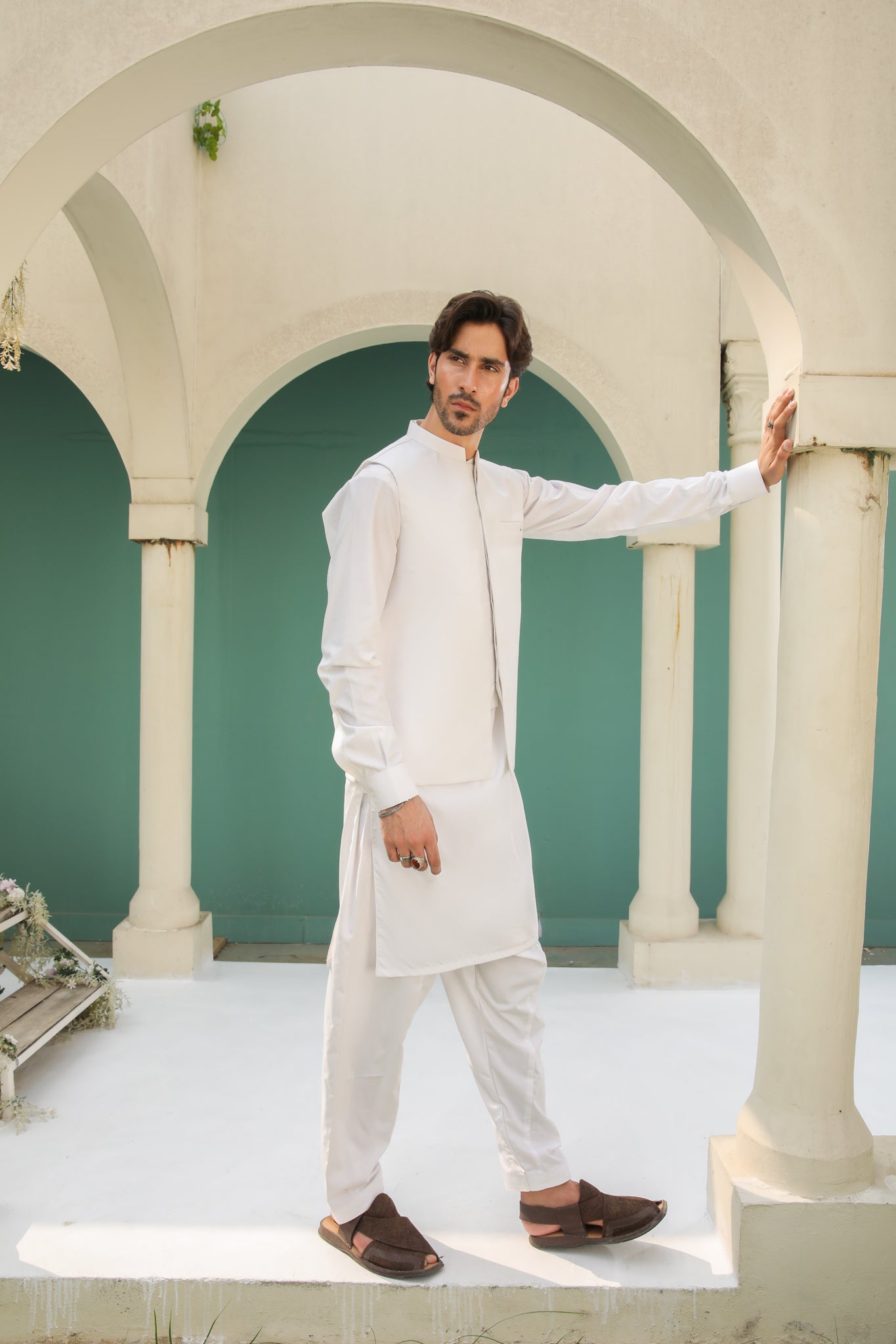 Off White Kameez Shalwar with Blended Waistcoat - Men