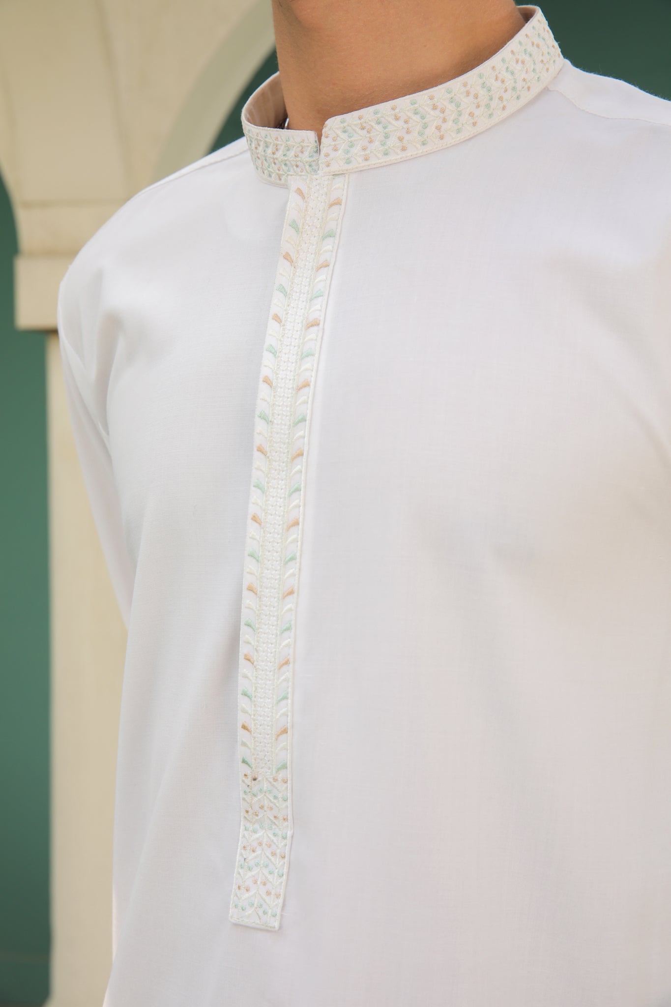 Off White Kameez Shalwar - Collar Neck Embroidered - Men