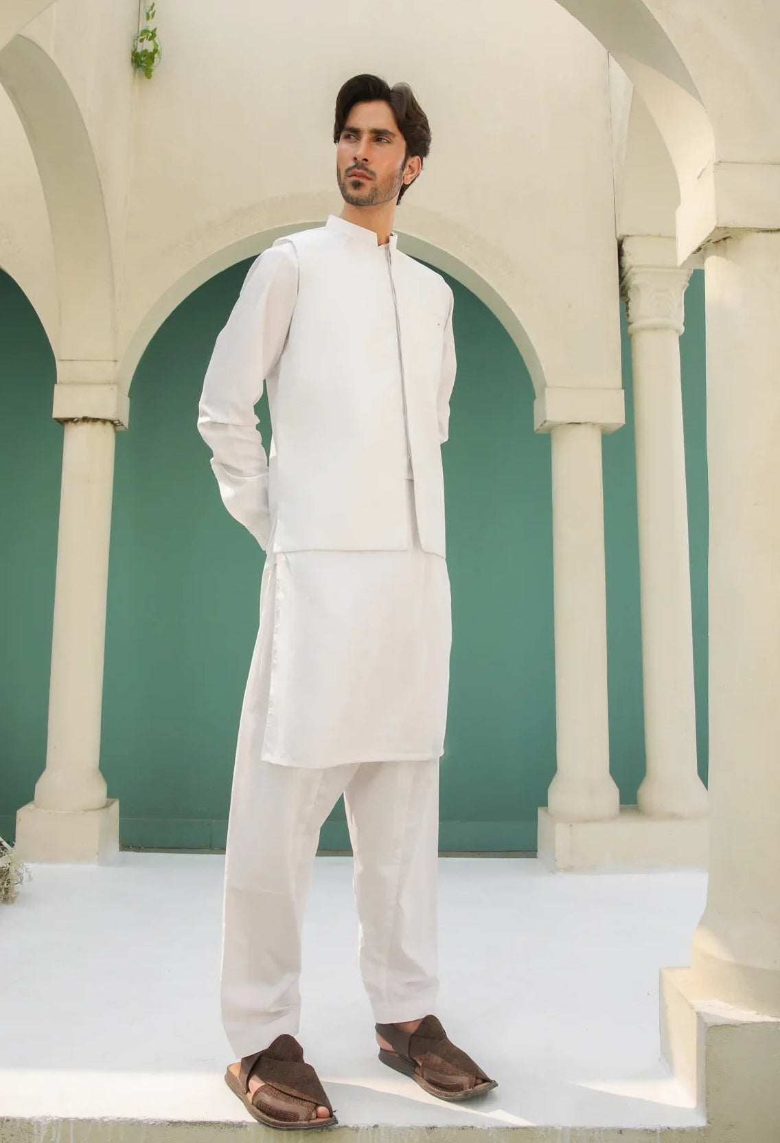 Off White Kameez Shalwar with Blended Waistcoat - Men - Muraqsh -- Menswear