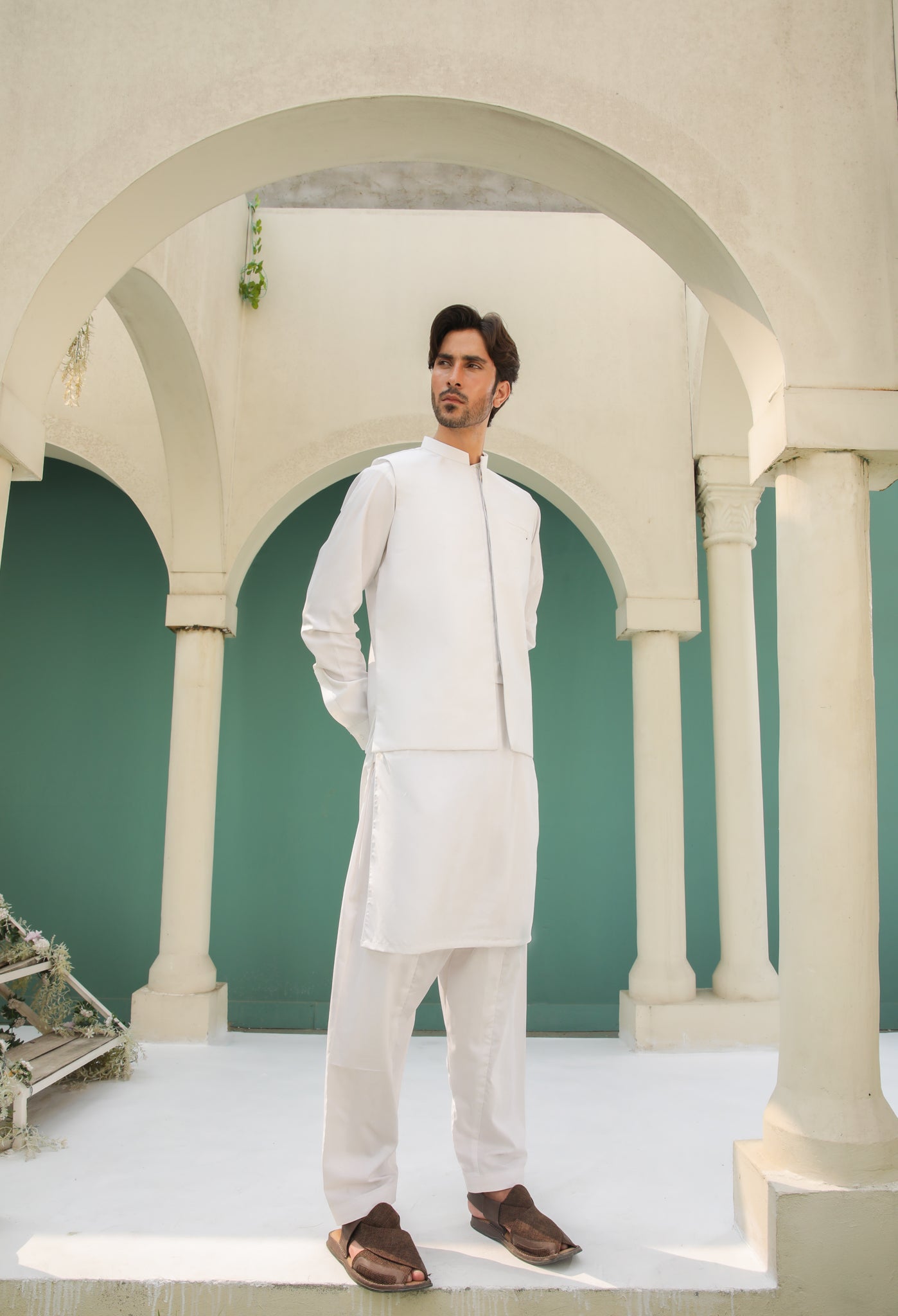 Off White Kameez Shalwar with Blended Waistcoat - Men