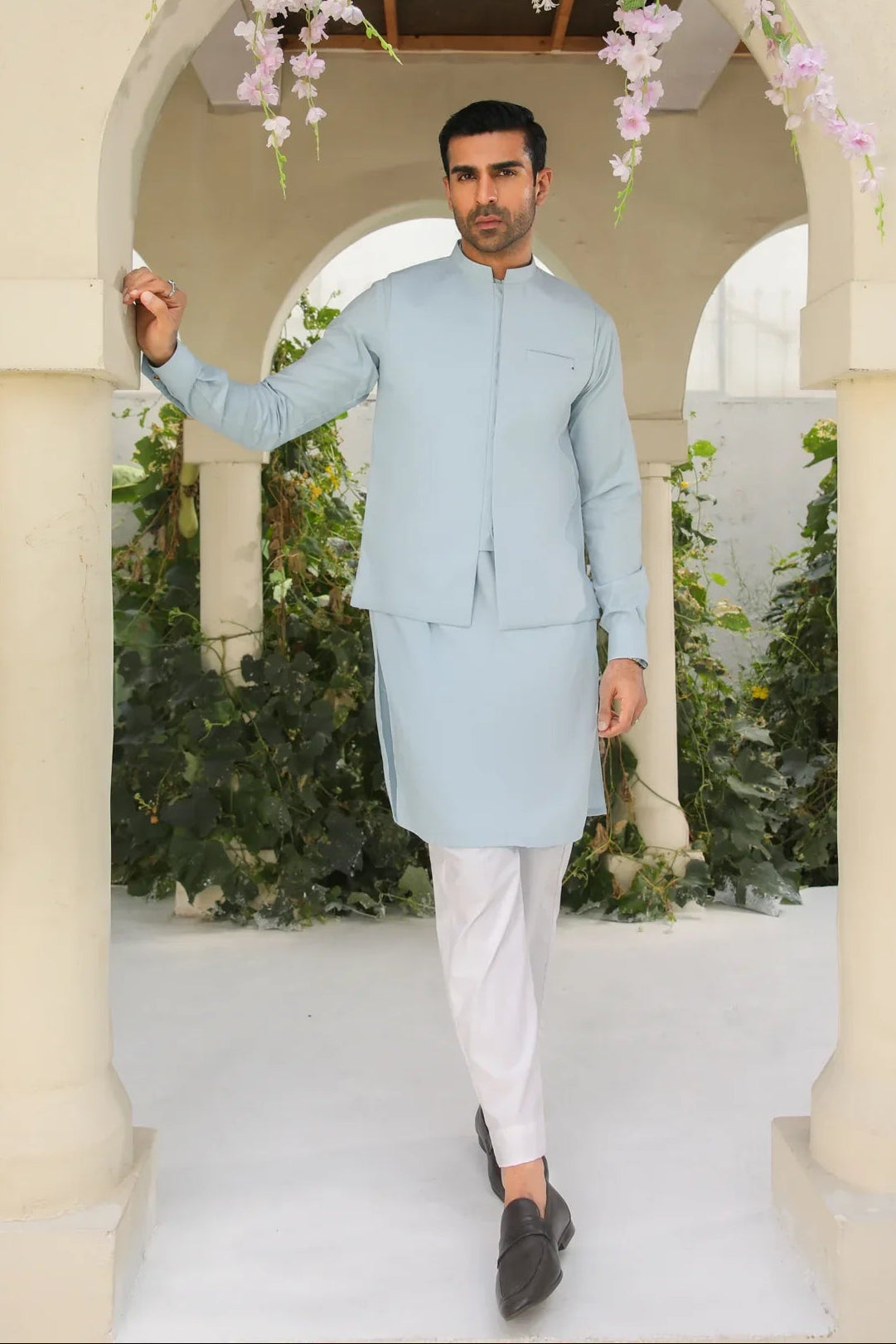 Sky Blue Kurta Trouser with Waistcoat - Men - 3PC