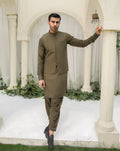 Olive Green Kameez Shalwar with Blended Waistcoat - Men