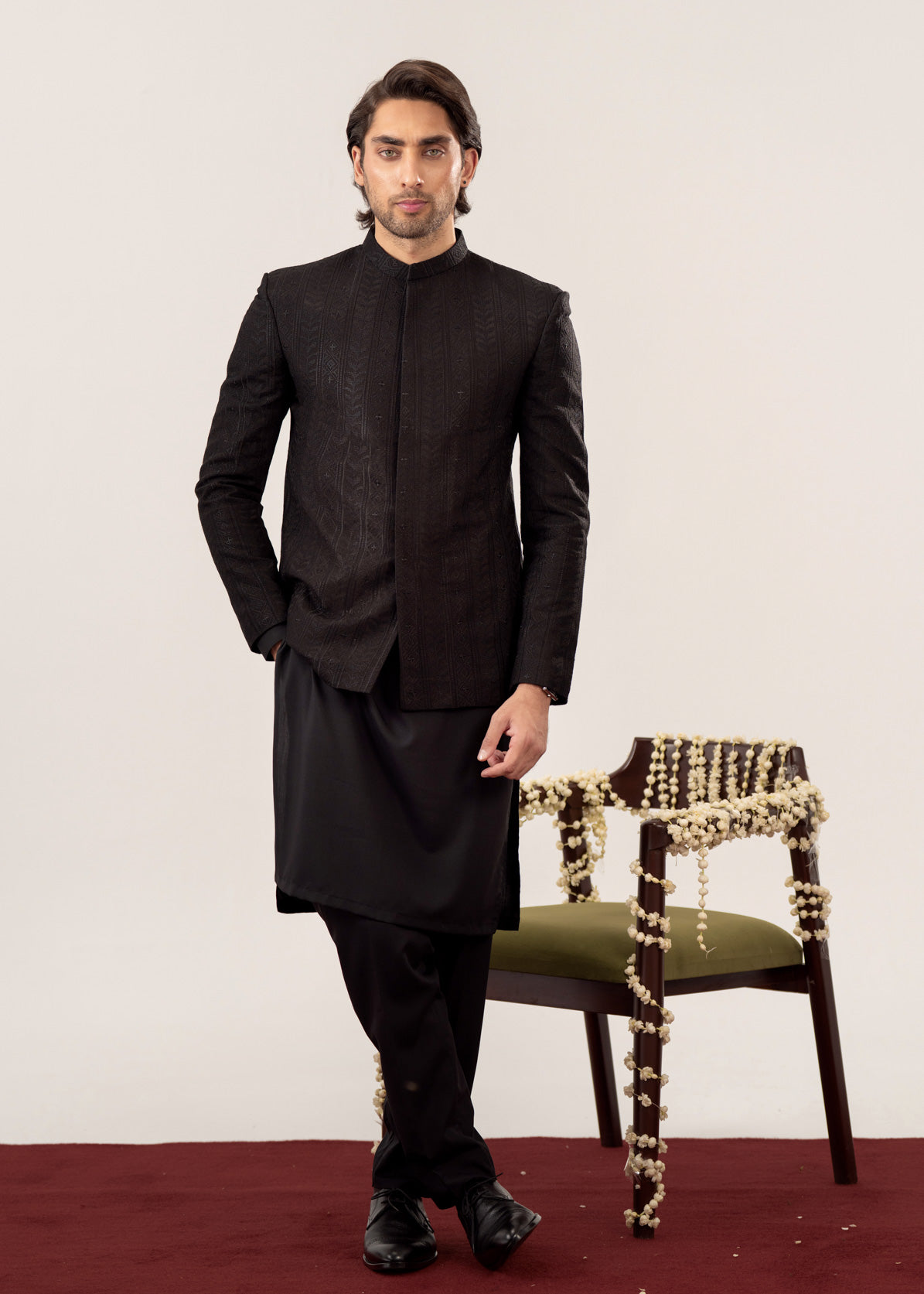 Black Kurta Trouser with Embroidered Prince Coat - 3PC - Men