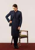 Navy Kurta Trouser with Embroidered Open Prince Coat - 3PC