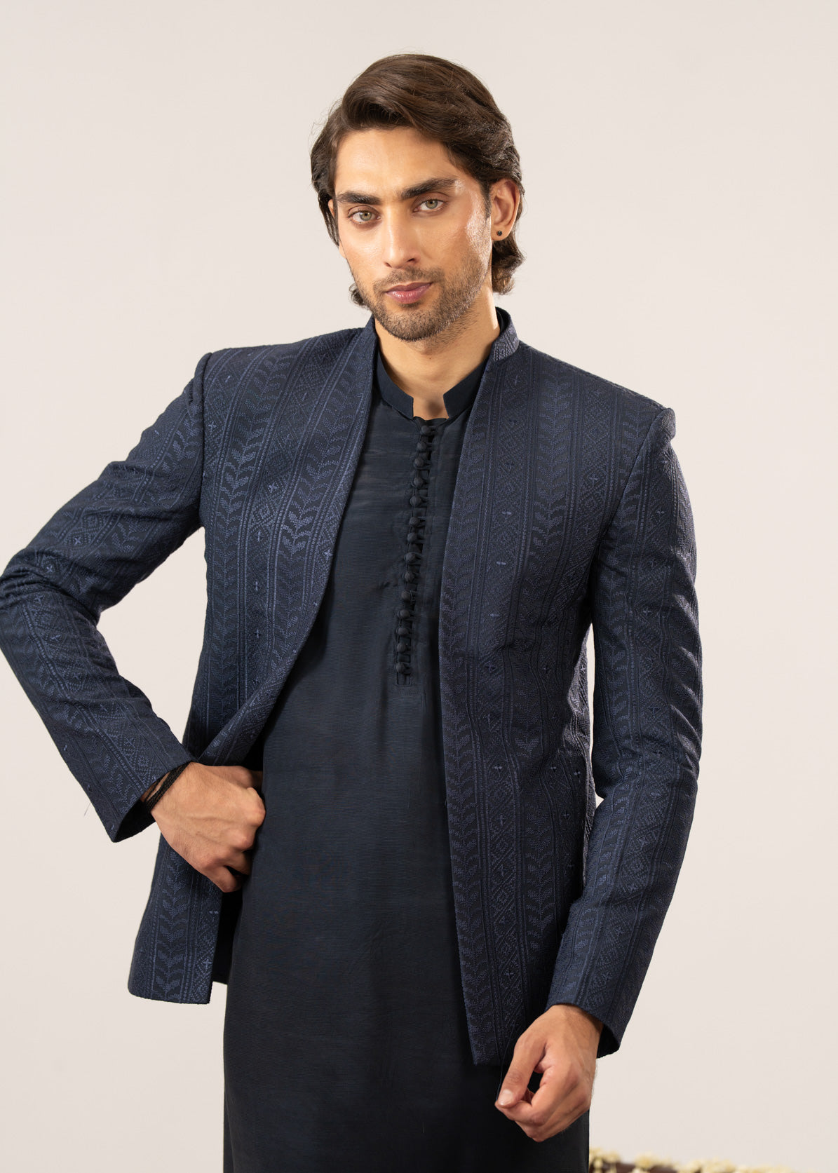 Navy Kurta Trouser with Embroidered Open Prince Coat - 3PC