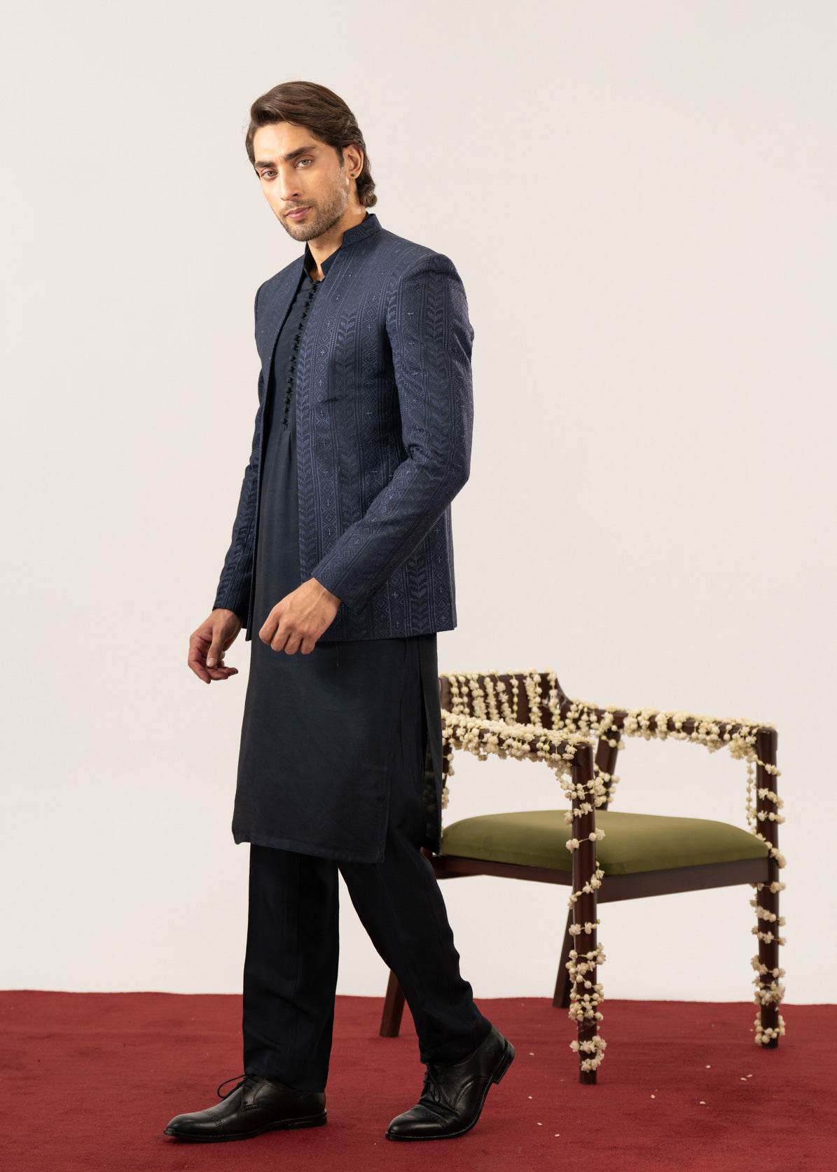 Navy Kurta Trouser with Embroidered Open Prince Coat - 3PC