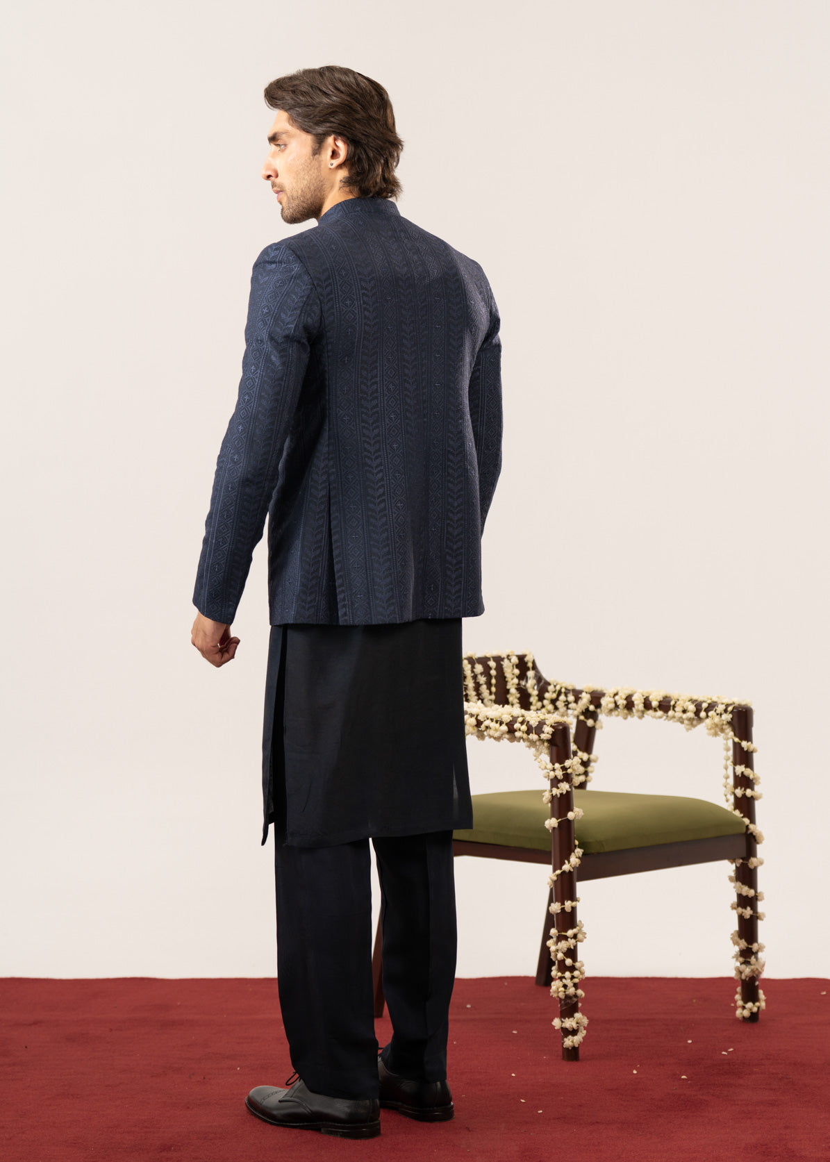 Navy Kurta Trouser with Embroidered Open Prince Coat - 3PC