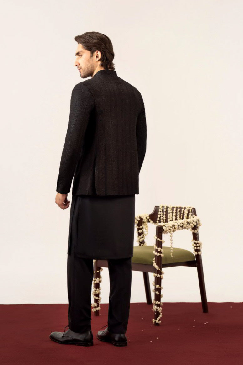 Black Kurta Trouser with Embroidered Prince Coat - 3PC - Men