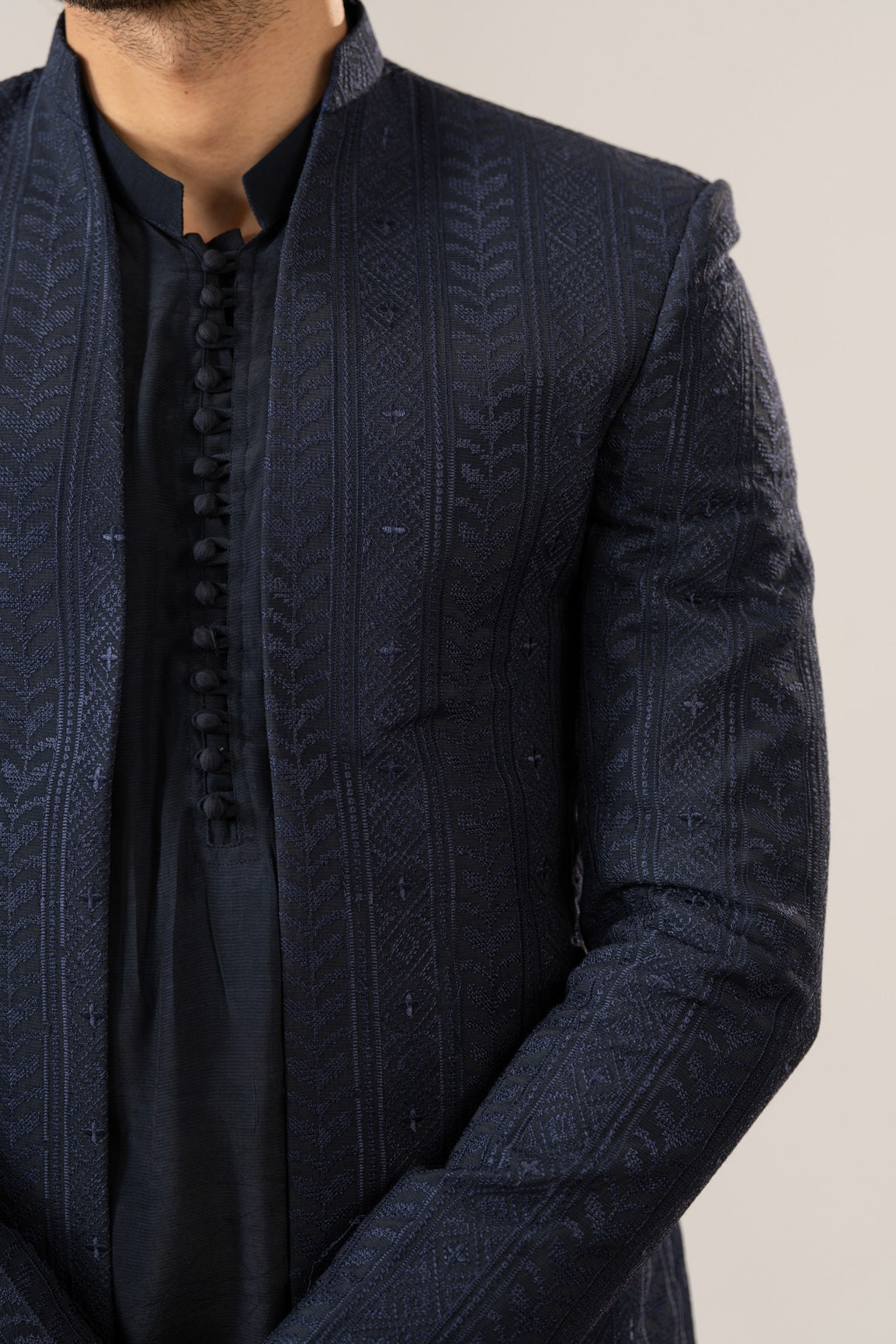 Navy Kurta Trouser with Embroidered Open Prince Coat - 3PC