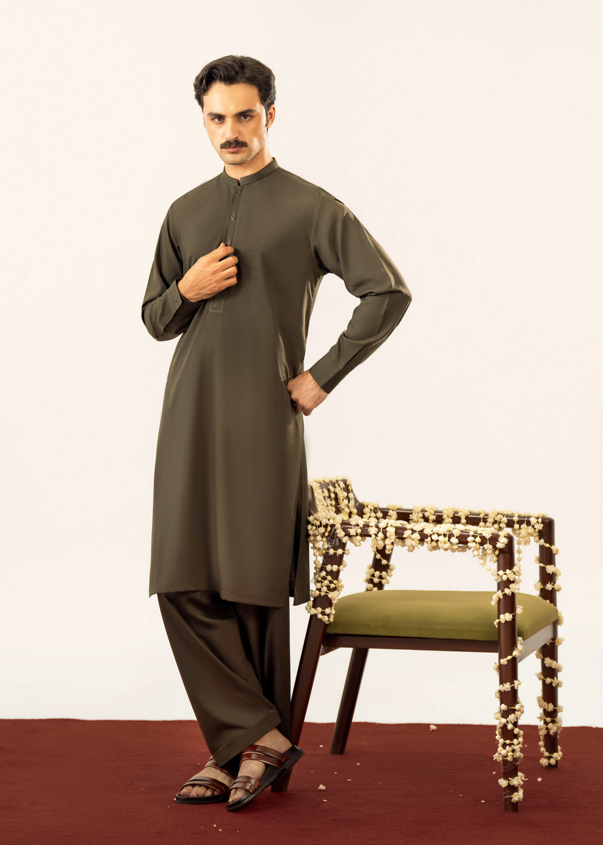 Formal Olive Green Kurta Shalwar - Collar Neck Embroidered - Men - Men