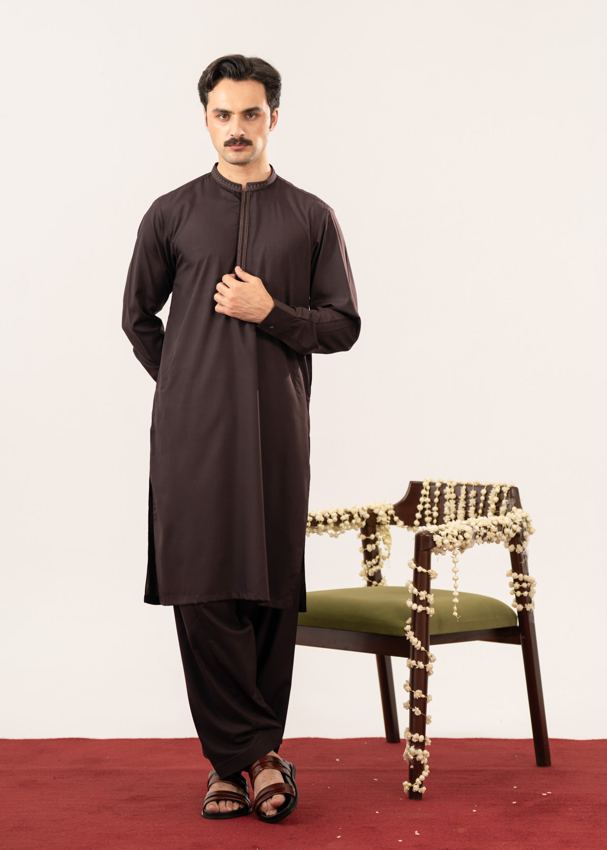 Formal Dark Brown Kurta Shalwar - Collar Neck Embroidered - Men