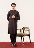 Formal Dark Brown Kurta Shalwar - Collar Neck Embroidered - Men