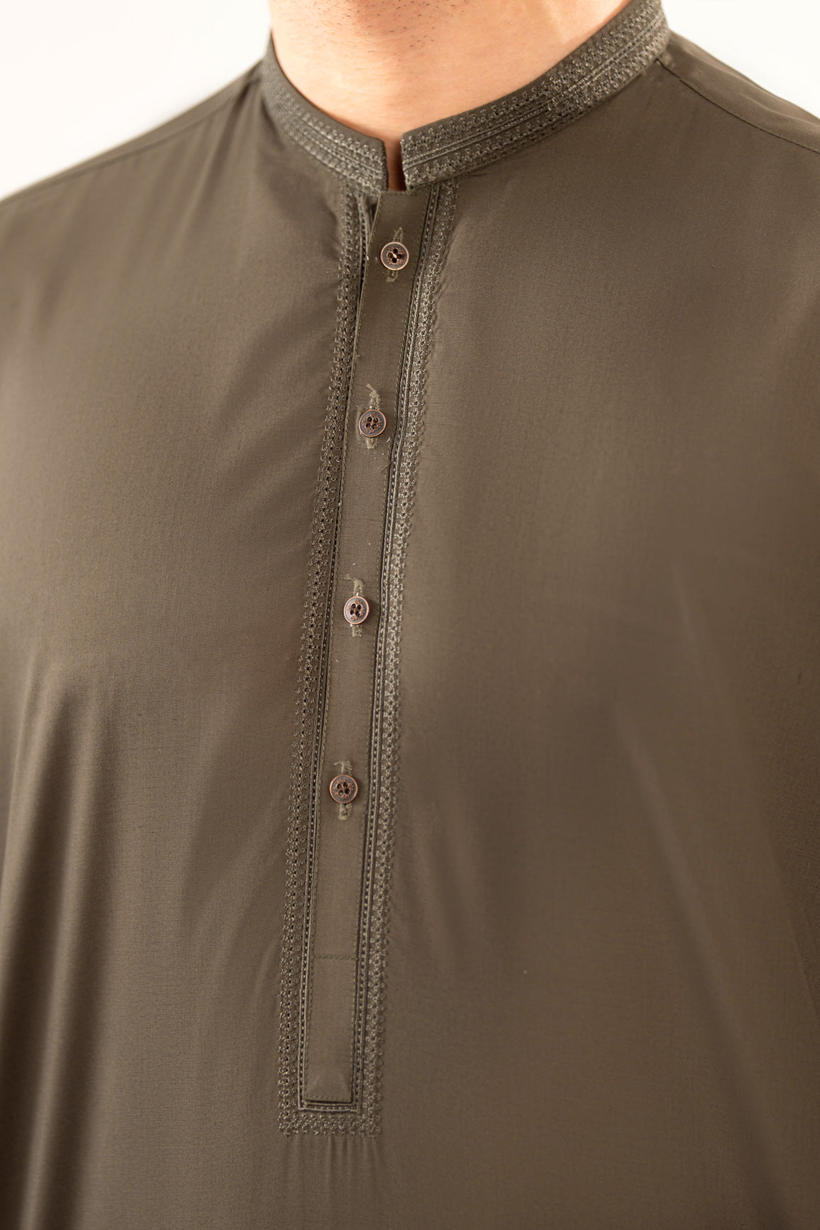 Formal Olive Green Kurta Shalwar - Collar Neck Embroidered - Men - Men
