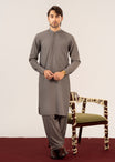 Formal Sand Grey Kurta Shalwar - Collar Neck Embroidered - Men