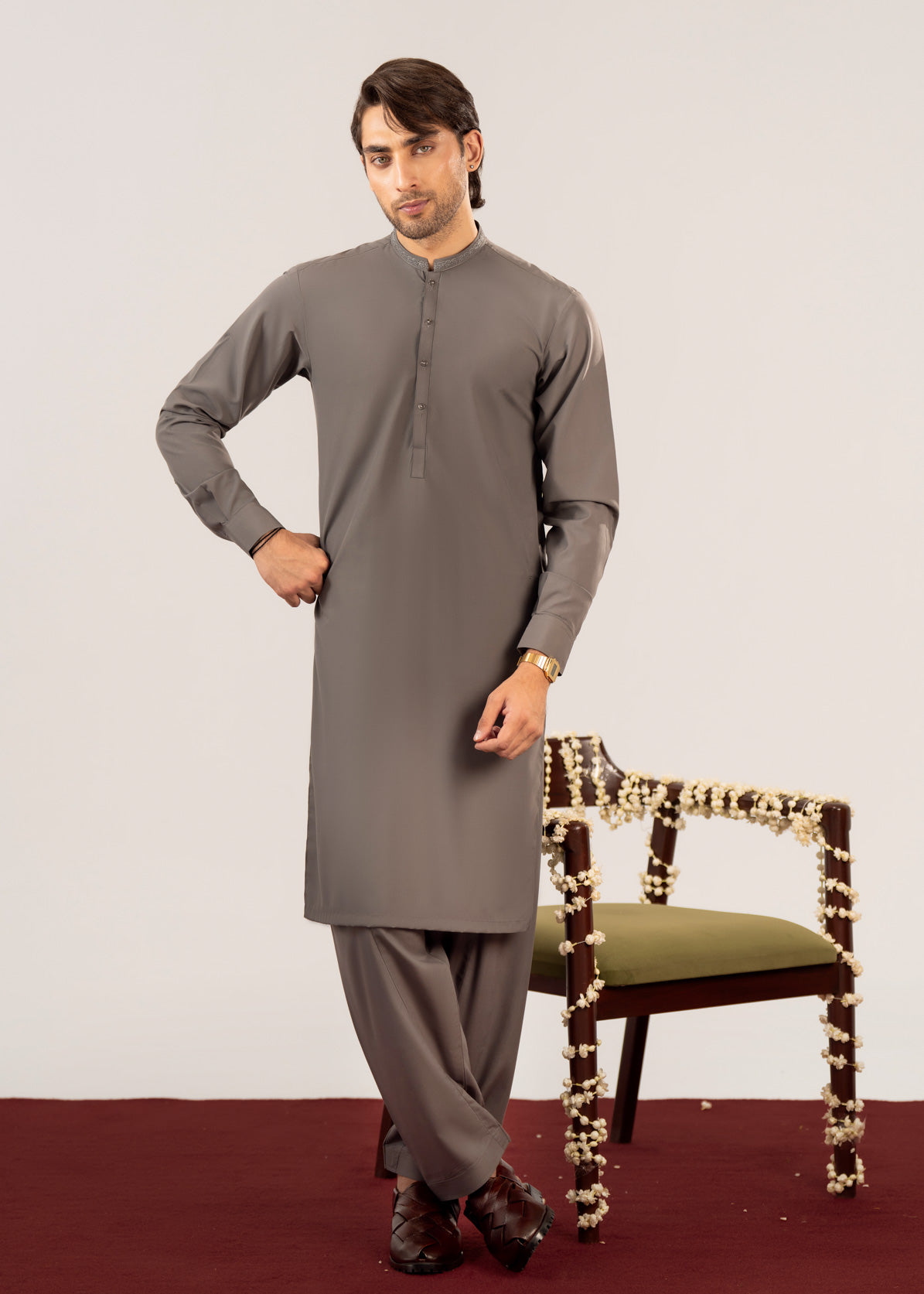 Formal Sand Grey Kurta Shalwar - Collar Neck Embroidered - Men