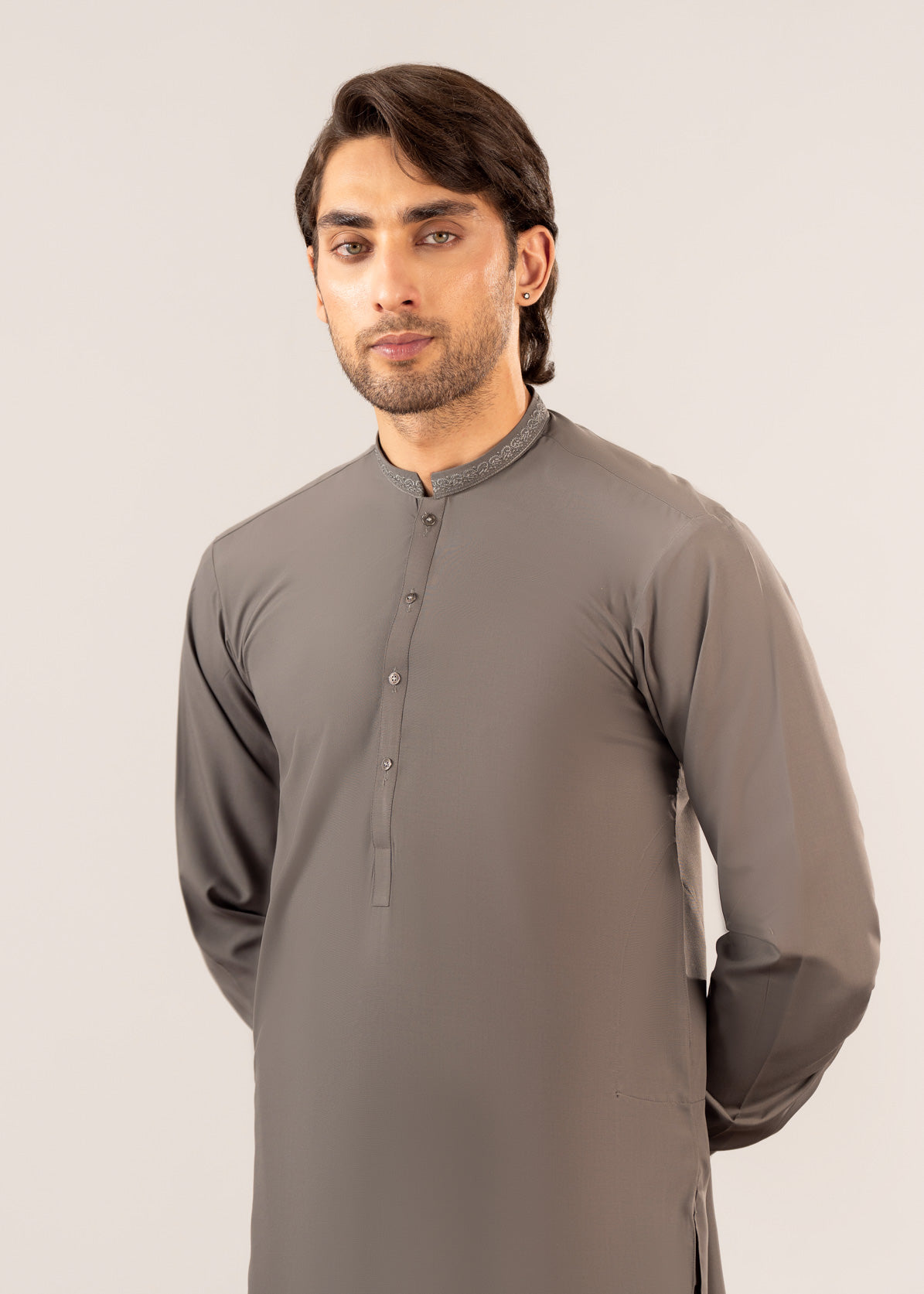Formal Sand Grey Kurta Shalwar - Collar Neck Embroidered - Men - Men