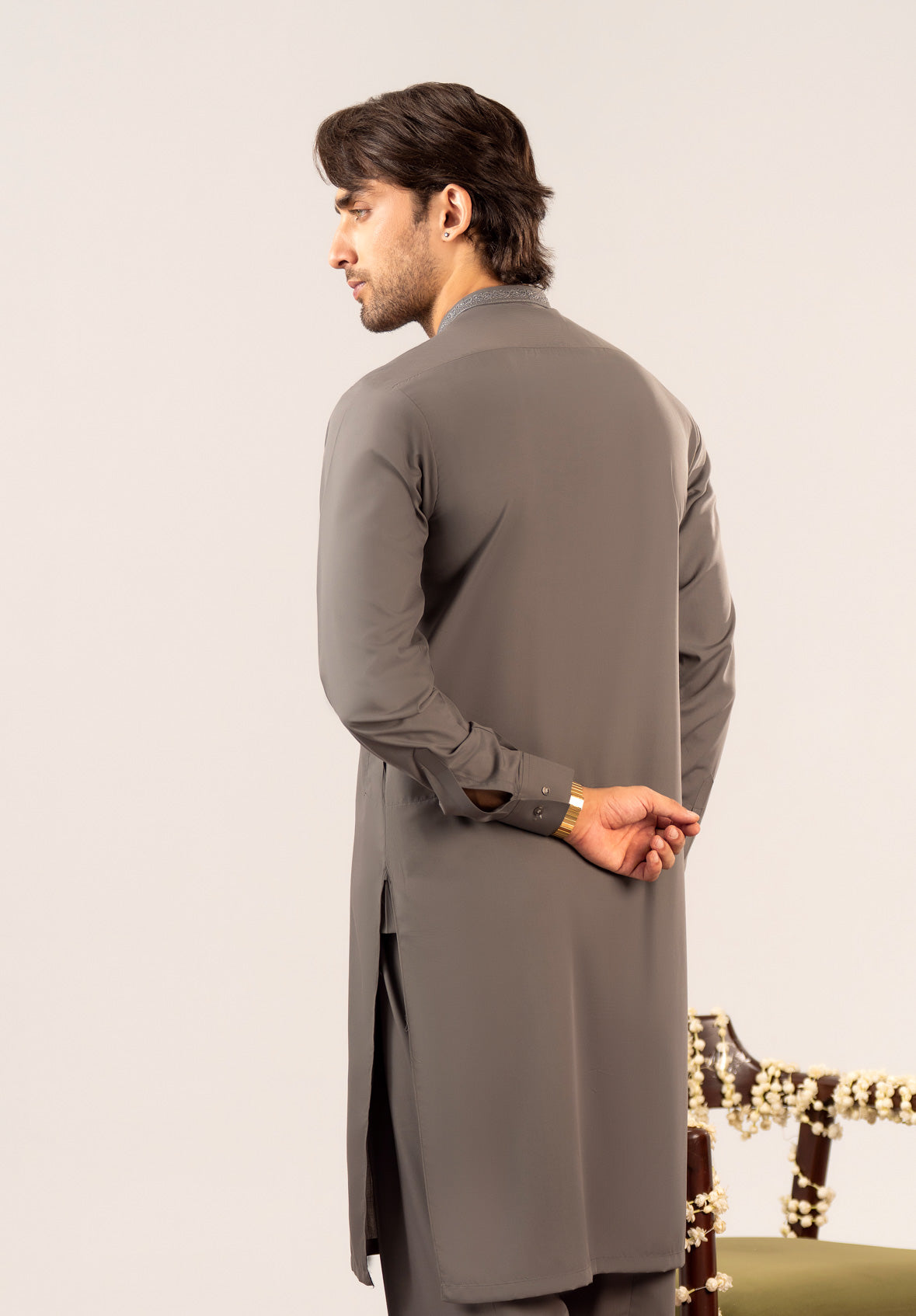 Formal Sand Grey Kurta Shalwar - Collar Neck Embroidered - Men - Men