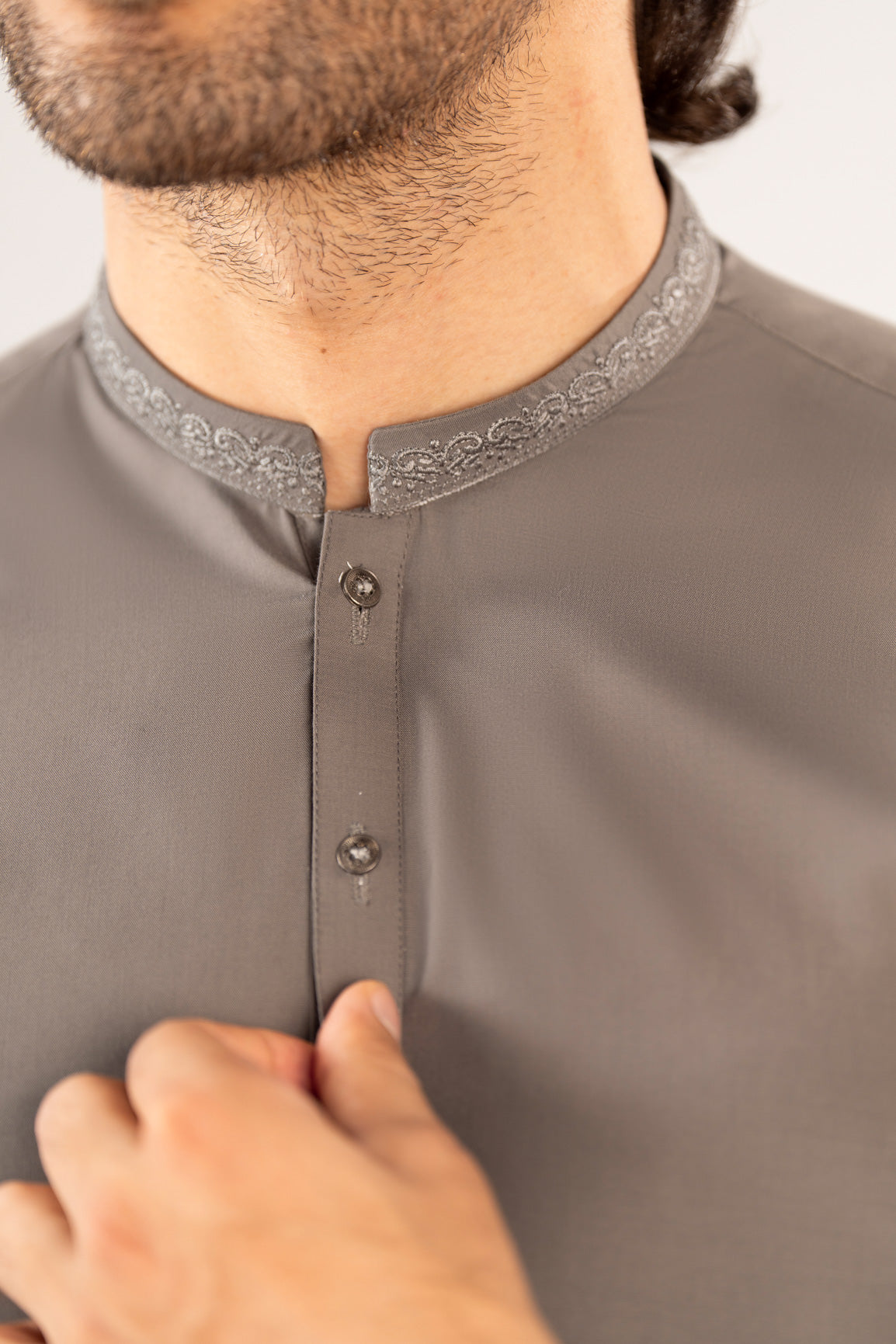 Formal Sand Grey Kurta Shalwar - Collar Neck Embroidered - Men - Men
