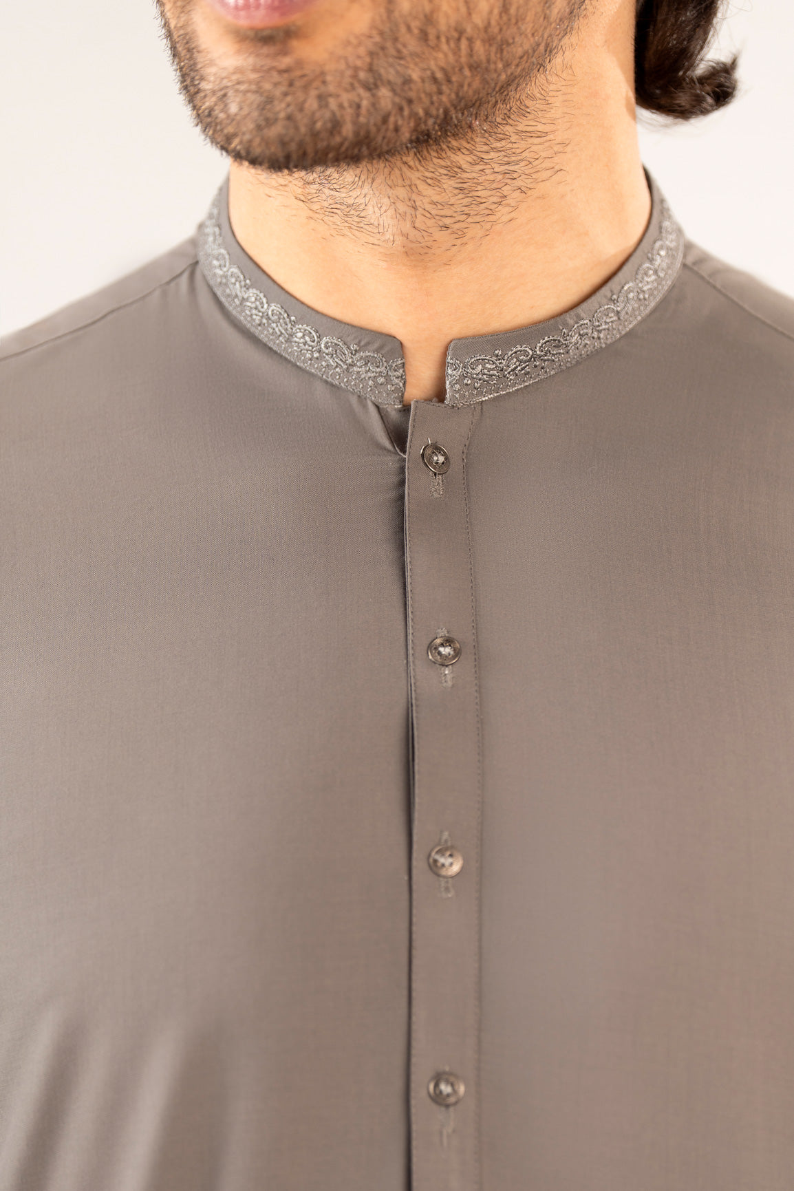 Formal Sand Grey Kurta Shalwar - Collar Neck Embroidered - Men - Men