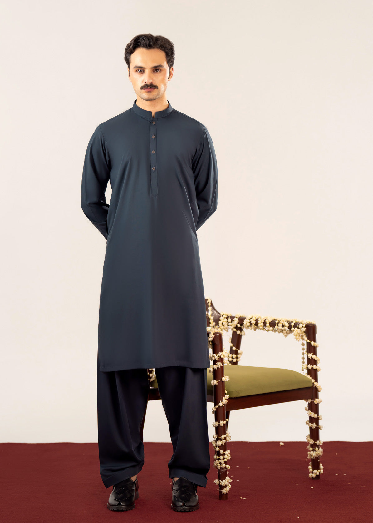 Midnight Blue Kurta Shalwar with Pick-Stitch Matching Waistcoat - Men - Men