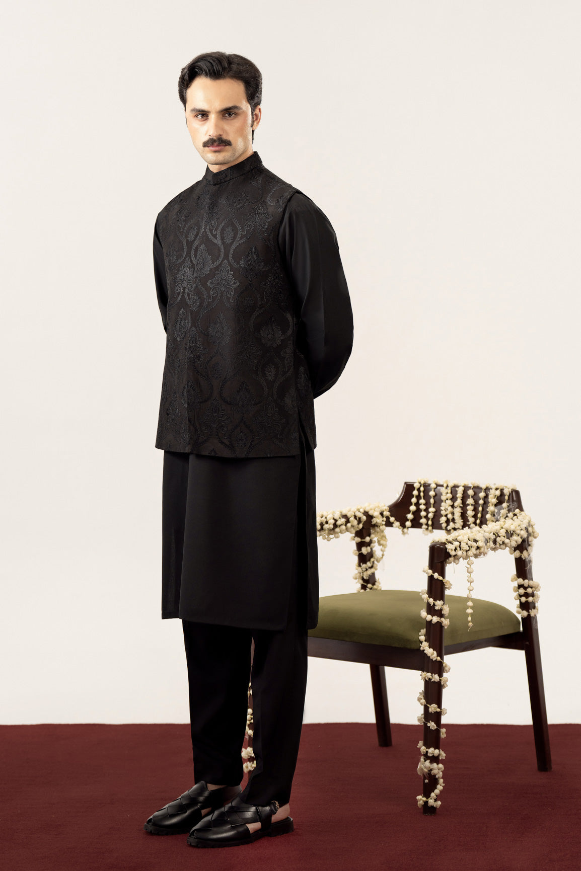 Black Kurta Trouser with Embroidered Waistcoat - 3PC - Men