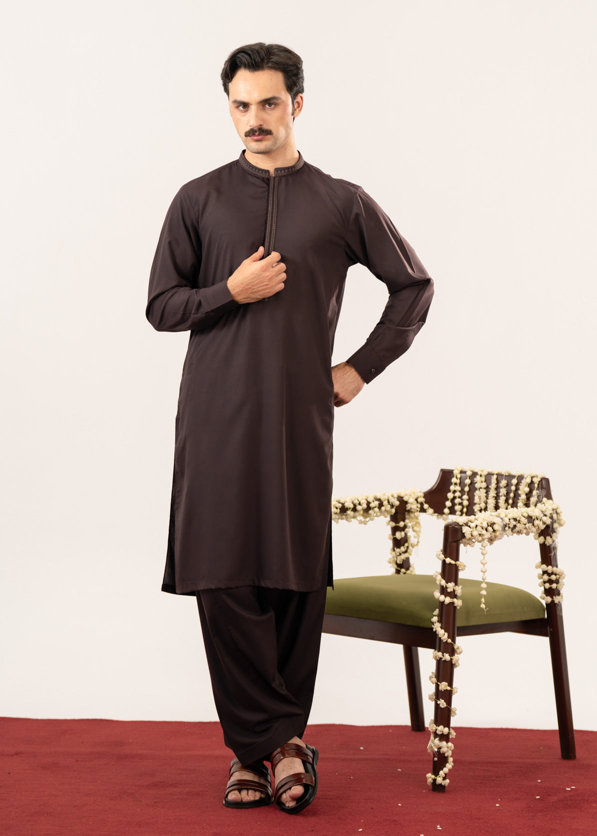 Formal Dark Brown Kurta Shalwar - Collar Neck Embroidered - Men