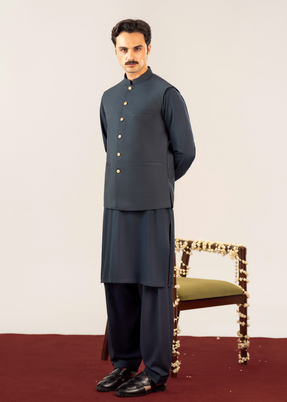 Midnight Blue Kurta Shalwar with Pick-Stitch Matching Waistcoat - Men - Men
