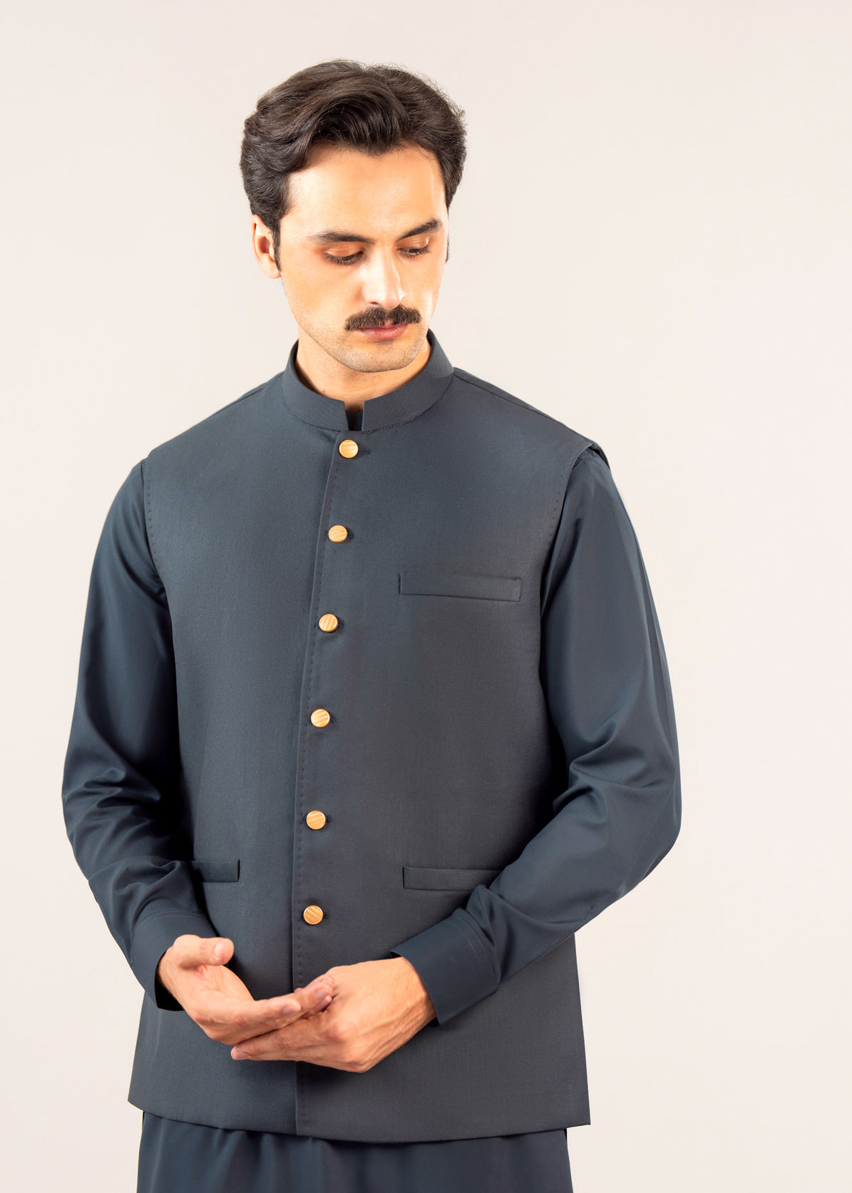 Midnight Blue Kurta Shalwar with Pick-Stitch Matching Waistcoat - Men - Men