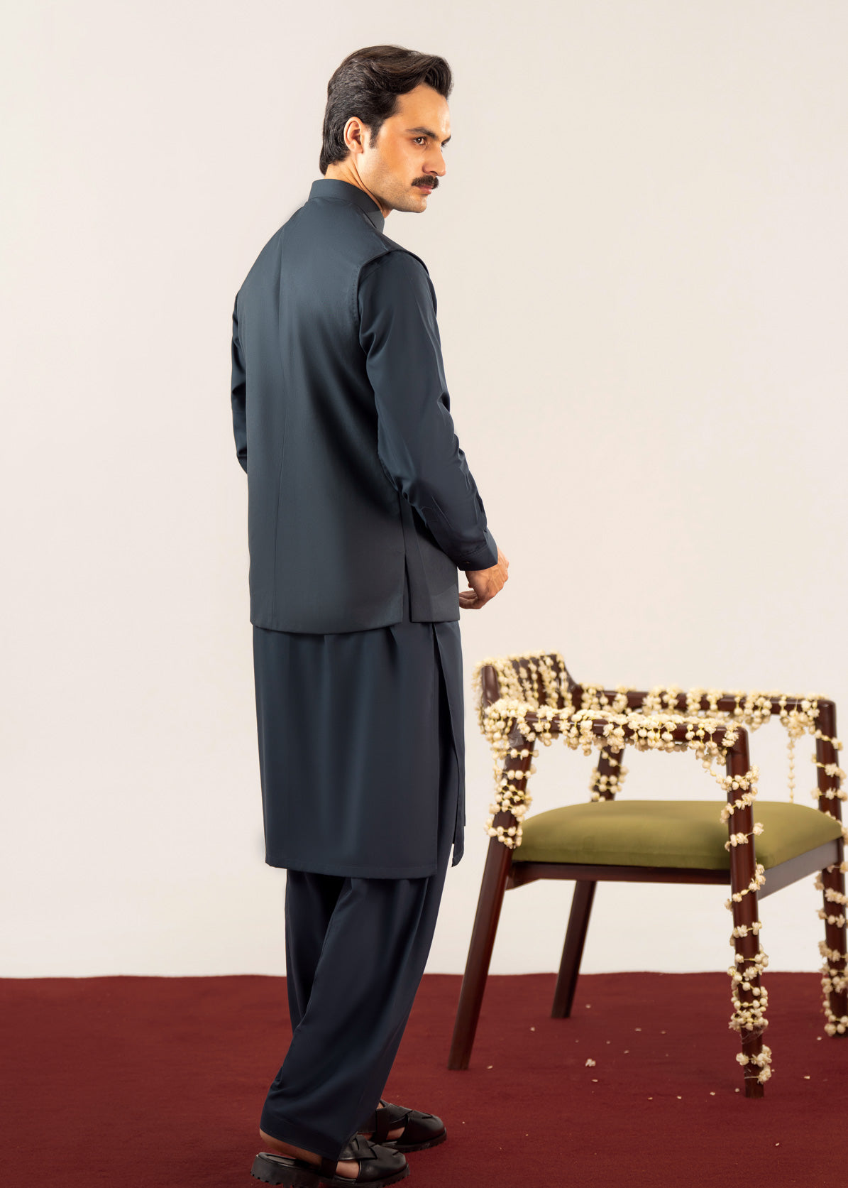 Midnight Blue Kurta Shalwar with Pick-Stitch Matching Waistcoat - Men - Men