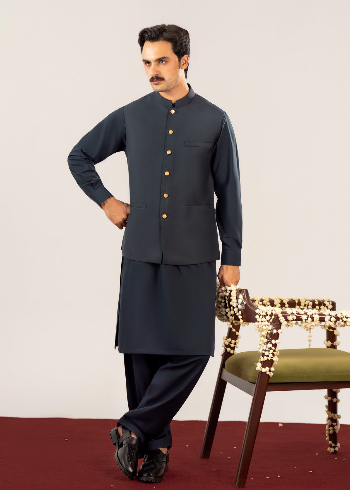 Midnight Blue Kurta Shalwar with Pick-Stitch Matching Waistcoat - Men - Men