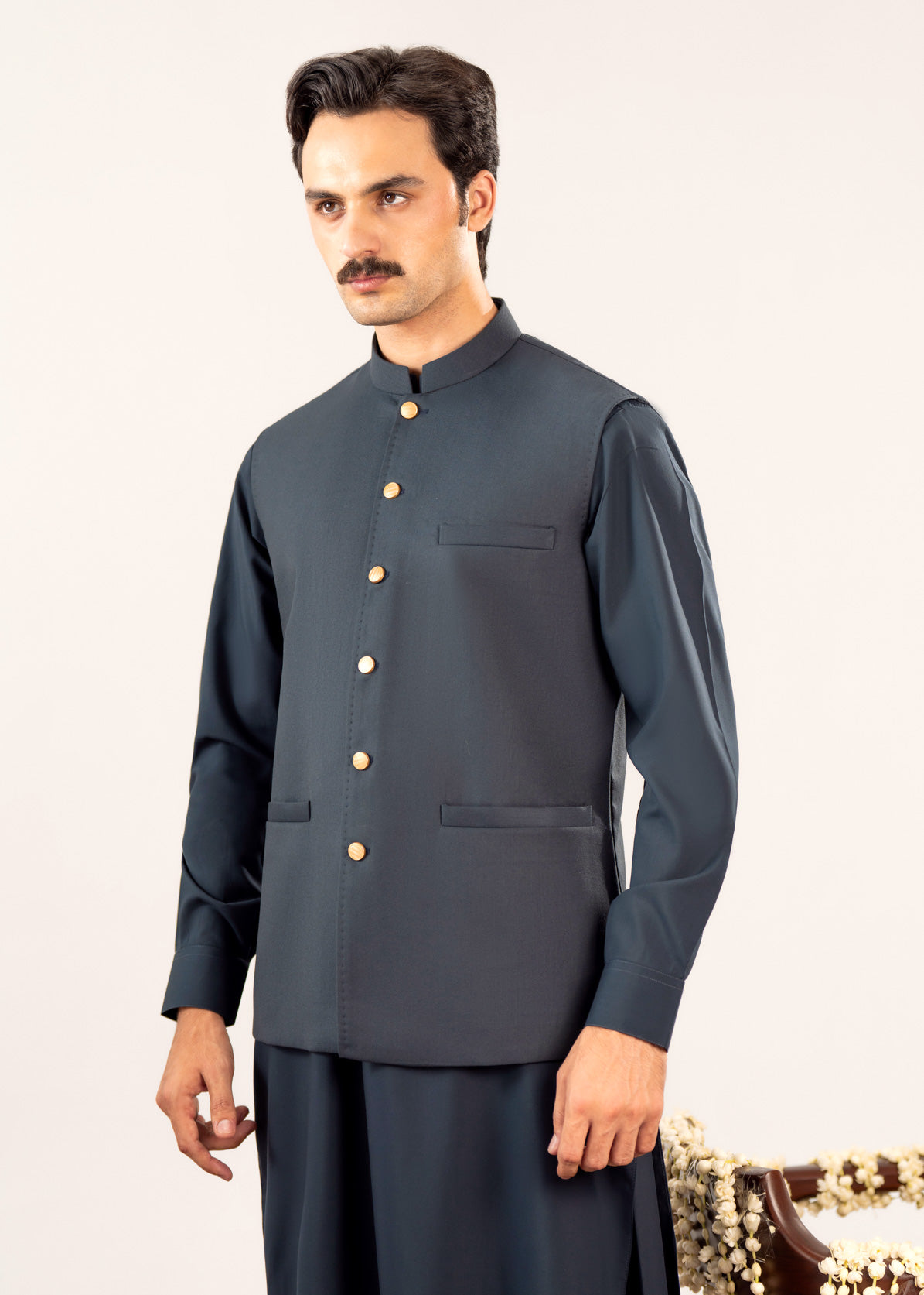Midnight Blue Kurta Shalwar with Pick-Stitch Matching Waistcoat - Men - Men