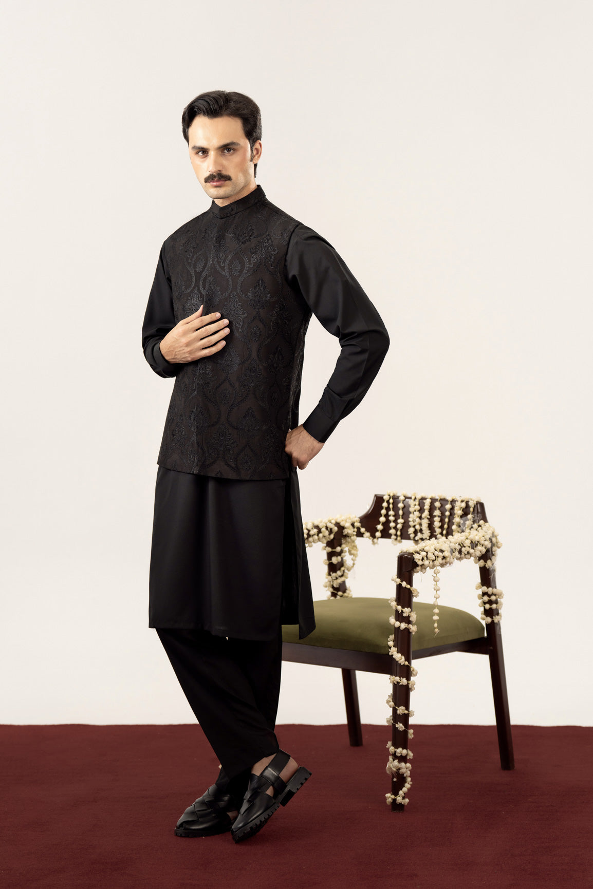 Black Kurta Trouser with Embroidered Waistcoat - 3PC - Men