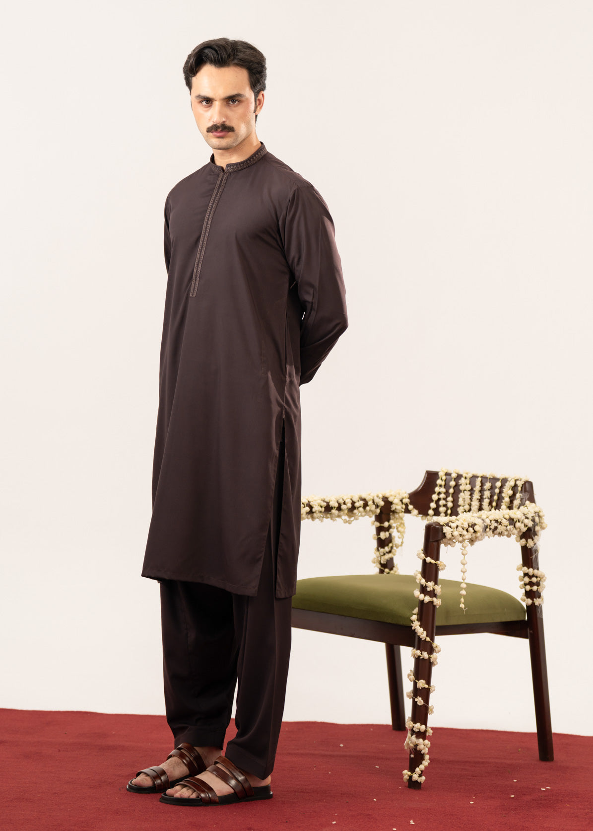 Formal Dark Brown Kurta Shalwar - Collar Neck Embroidered - Men - Men