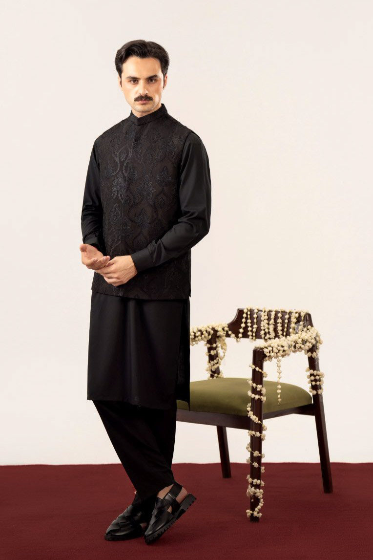 Black Kurta Trouser with Embroidered Waistcoat - 3PC - Men