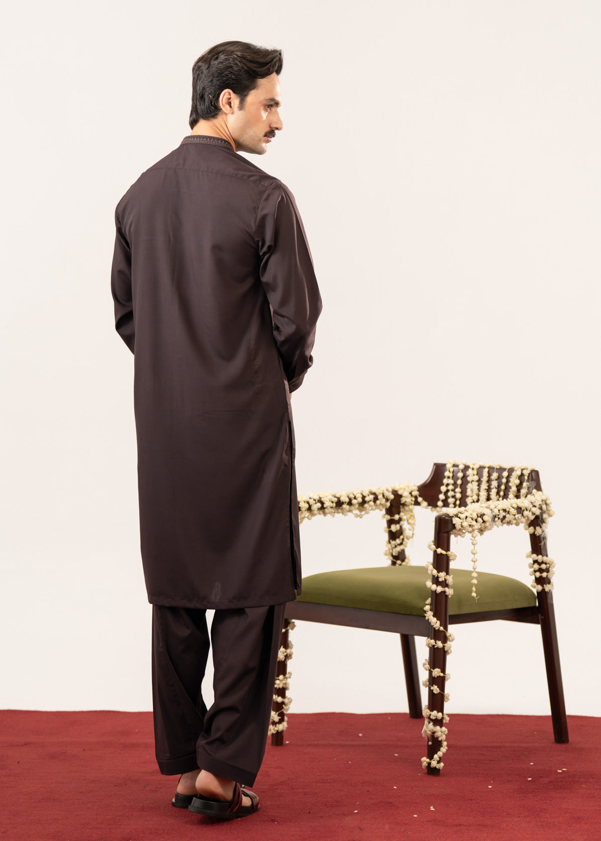 Formal Dark Brown Kurta Shalwar - Collar Neck Embroidered - Men - Men