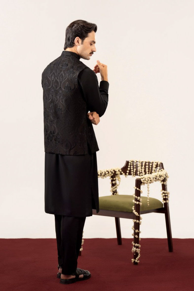 Black Kurta Trouser with Embroidered Waistcoat - 3PC - Men